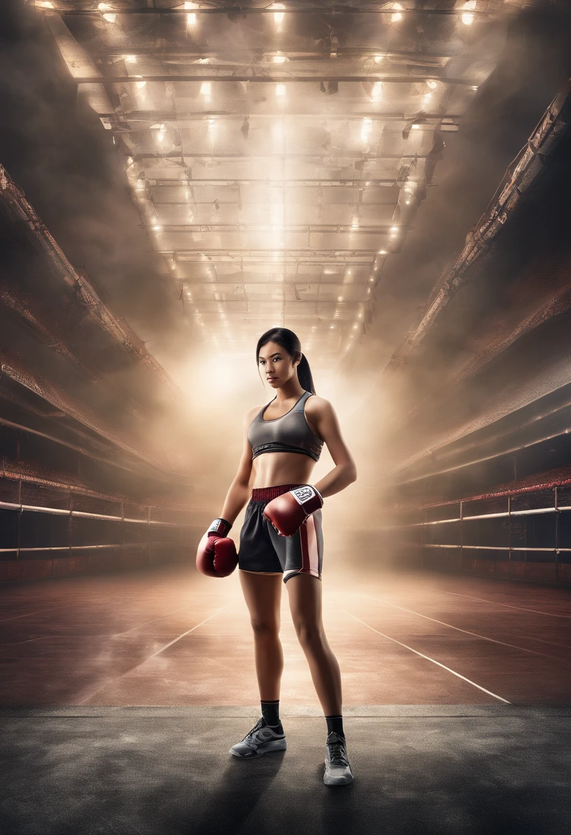 Full-fledged female boxer、full bodyesbian,Ponytail with black hair、Brown-skinned、Black sports bra and shorts、boxing gloves、With a keen eye、Boxing pose、Waist line、black sneaker shoes,Boxing stadiums,20yr old,HDR,depth of fields,Cinema lenses,optimum,moving visuals,(s fractal art:1.3)