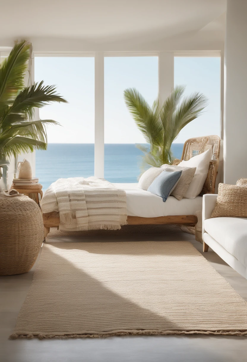 (best quality,4k,8k,highres,masterpiece:1.2),ultra-detailed,(realistic,photorealistic,photo-realistic:1.37),Coastal interior design,beachy ambiance,bedroom with a view,seaside elegance,airy and bright,breezy atmosphere,soft and soothing color palette,beach-inspired accessories,relaxed and casual vibe,comfortable and cozy,beachy decor dream,beautiful ocean view,ocean waves,lush green palm trees,serene and peaceful environment,vibrant blue sky,white sandy beach,seashells,coral artwork,natural materials,light wood furniture,beachy textures,woven accents,wicker baskets,fresh flowers,artwork depicting ocean and shells,beach-themed bedding,beachy curtains,ocean-inspired rugs,relaxing atmosphere,open windows,gentle sea breeze,soft natural light,multicolored seashells,white-washed walls,nautical-inspired details,natural elements,beach photography,pastel coastal colors,fluffy throw pillows,coastal prints,beachfront scenery,calming beach sounds.