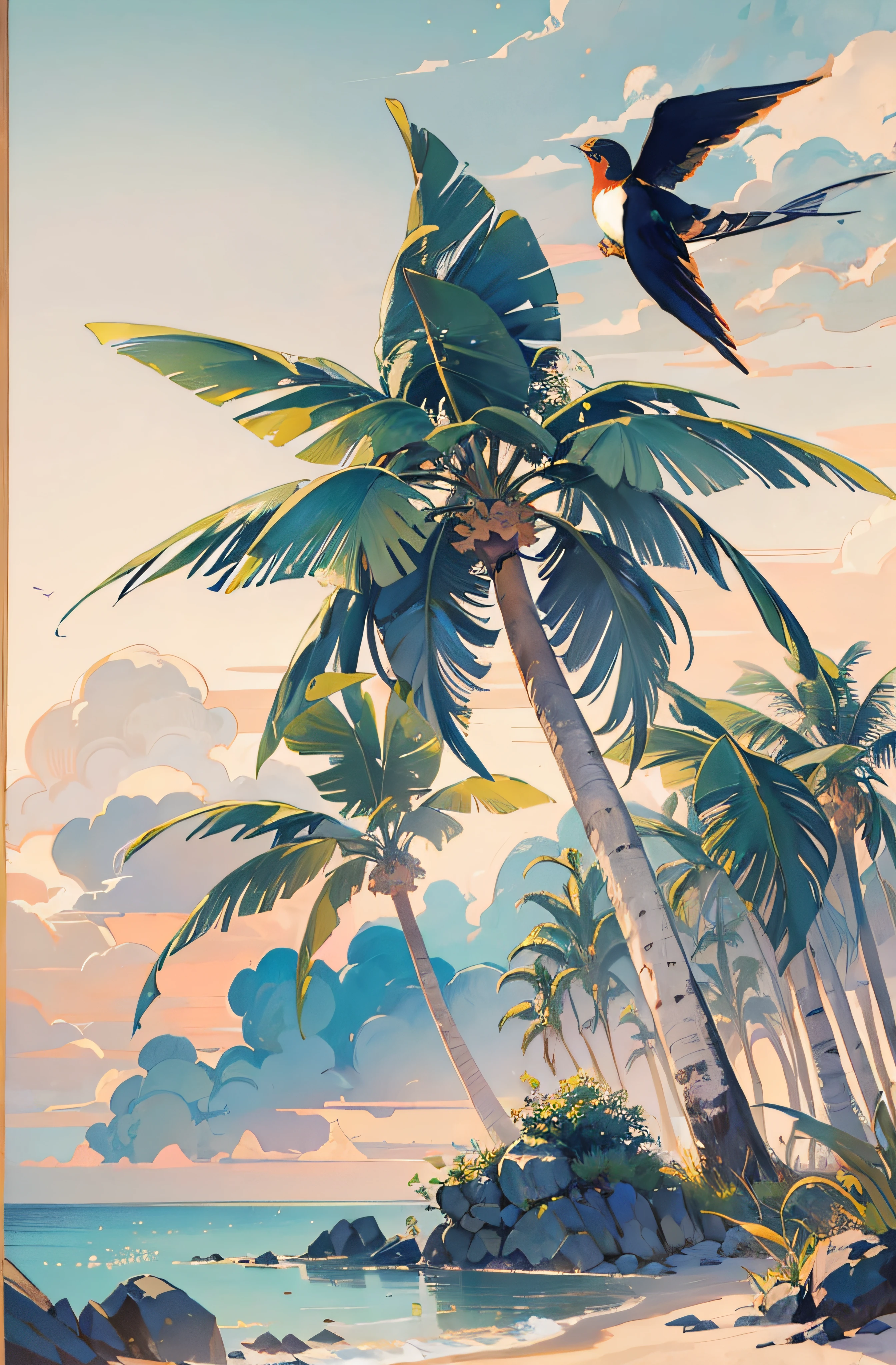 ((No Man)) 
Vintage Victorian style,  (Detailed:1.2), (Masterpiece:1.2), Vintage illustration of Chinese swallow and coconut, vivd colour, Nature
