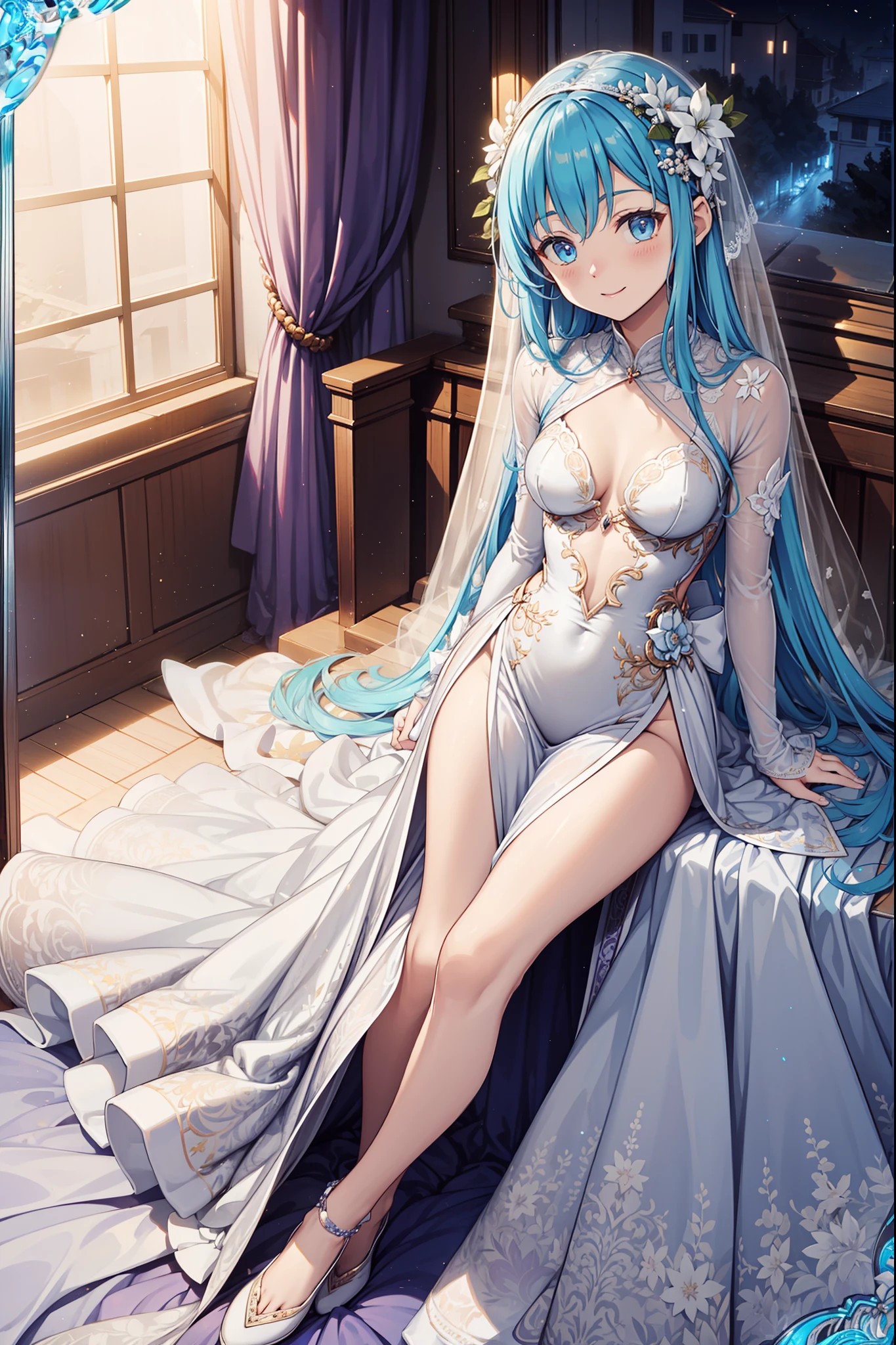 teens girl,Enchanted,having fun,Being in love,Light white wedding dress,Lilac cloth,see-through transparent clothes,exquisite costumes,A small amount of lace,Bedrooms,solo person,blond hairbl,pale blue color eyes,the night,