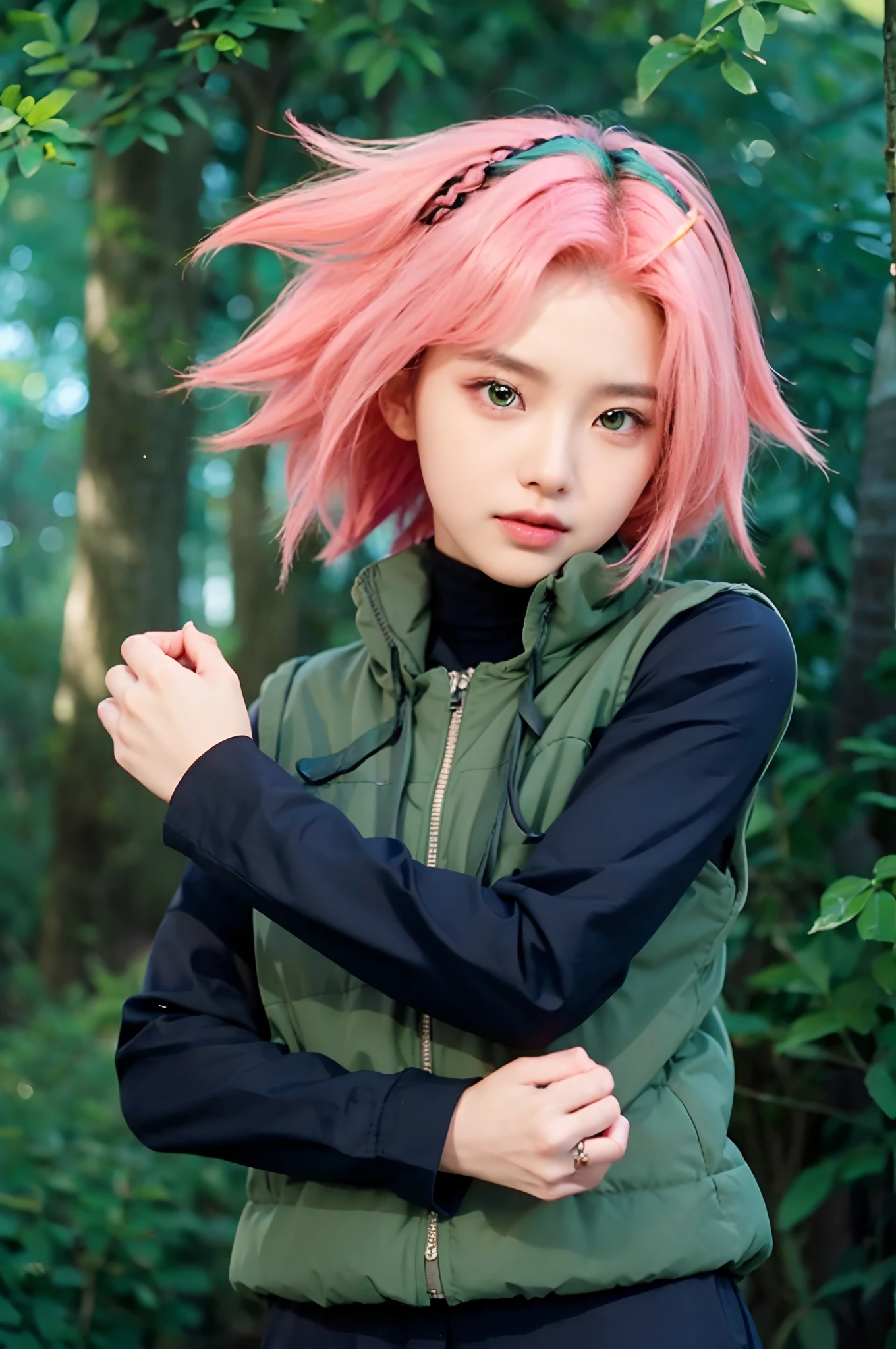real life adaption of this character, (korean beauty face),realistic outfit wear thick green vest,detailed green eyes,((realistic same pink hair)),realistic background,hyper realistic,realism,realistic light, realistic shadow,(photorealistic:1.2),looking to camera,