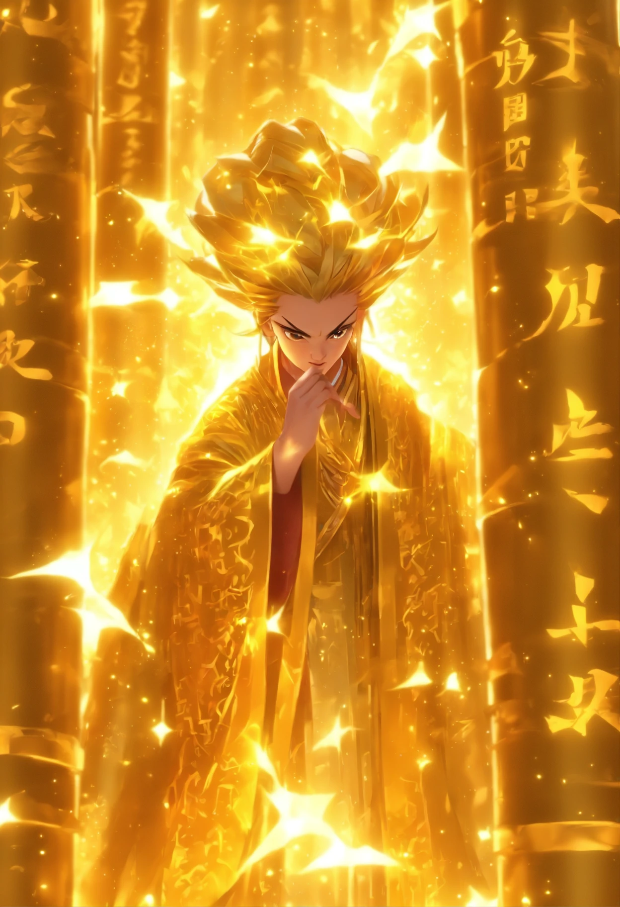 1boys,Solo,Young scholars of ancient China，Holding a golden brush，Writing is in full swing，(Transparent glowing golden Chinese characters hovered in midair:2)，Vertical text，glittery，Scholar in blue robes，Long flowing hair flutters in the wind，16k, hyper HD, high resolution, Very detailed, Best image quality,dynamicposes，(20 columns of Chinese characters:2)，arranged in an orderly fashion