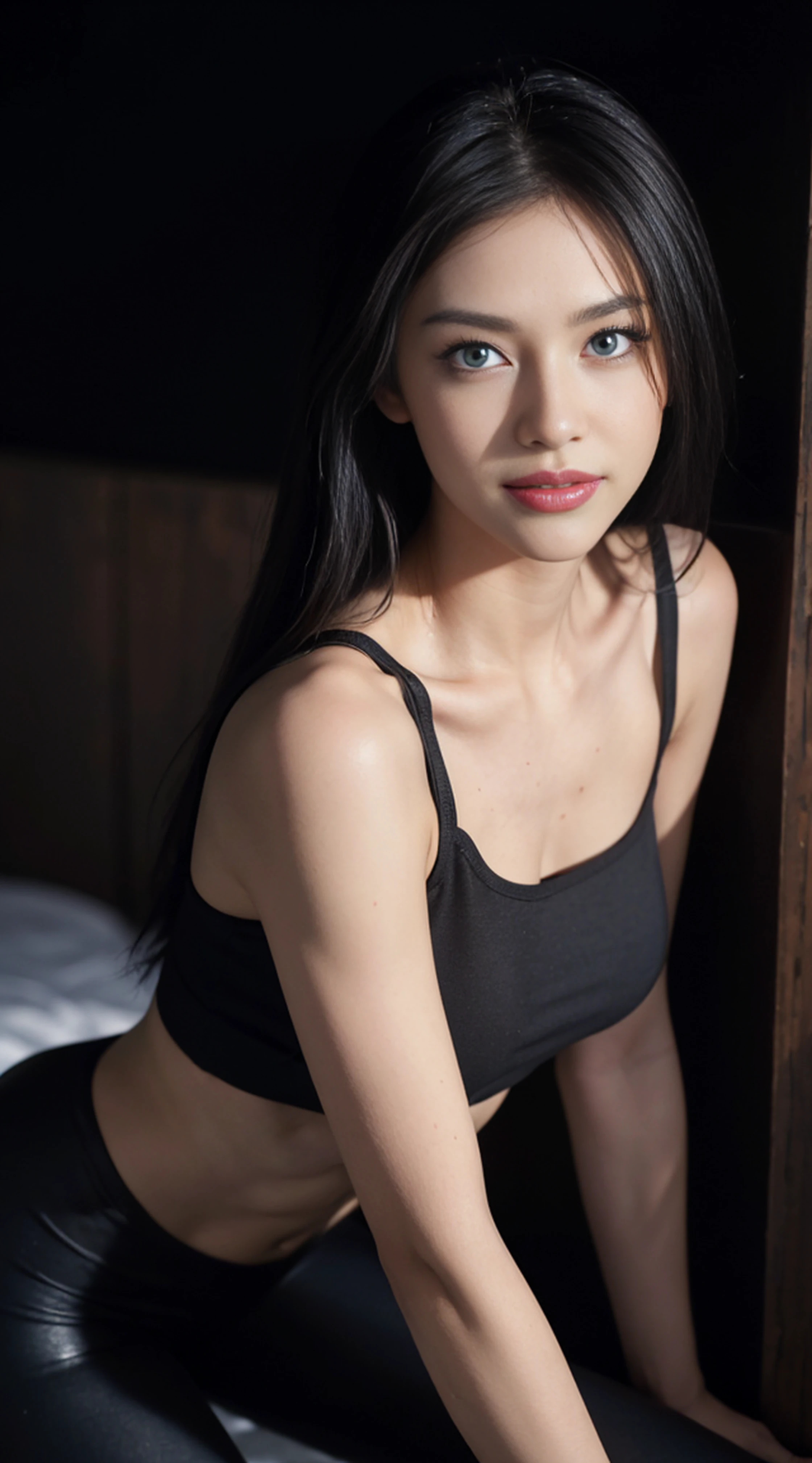 8K, Top Quality, Intricate Details, Ultra Detail, Ultra High Resolution, Masterpiece, random angle, Slender, Smile, (Makeup: 0.4), (Fluffy Blue Eyes: 1.21), blue Eyes, looking at viewer, ((full body)), 1girl, solo, 1 girl, (( full body)), close up shot, , ((tall)), (((fit body))), (((slim face))), sharp face, sharp eyes, (((black hair, long hair, )) , (detailed face), sharp face, small lips,
(( crop top, legging)), detailed face, detailed breast, , large breast, detail ass, , Beautiful girl with accentuated slender abs: 1.4, Six Pack Abs: 1.4, Bust Botox, Big, Perfect Body, detail leg, (( moonlight)), top of mountain