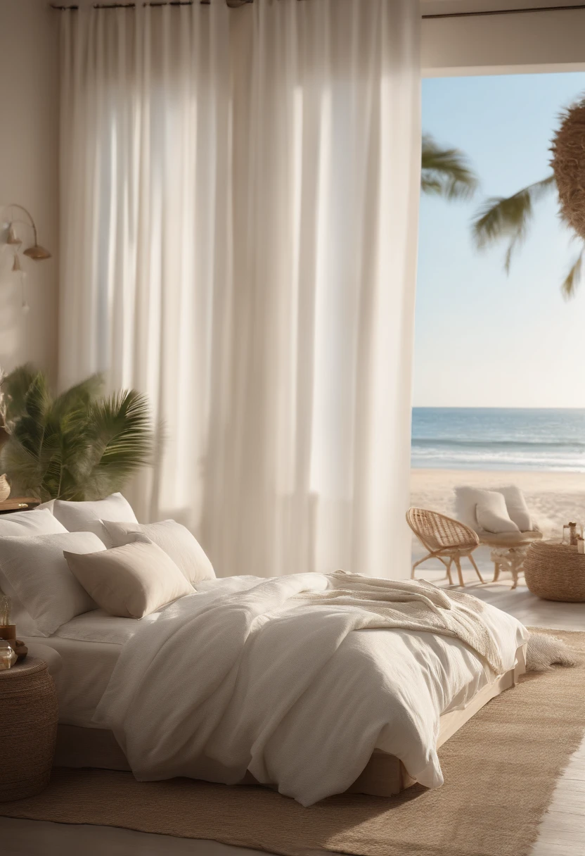 (best quality,4k,8k,highres,masterpiece:1.2),ultra-detailed,(realistic,photorealistic,photo-realistic:1.37),Coastal interior design,beachy ambiance,great view,serene atmosphere,warm ocean colors,sandy flooring,soft sunlight filtering through sheer curtains,comfortable king-sized bed,crisp white linens,plush pillows and cushions,rattan furniture,straw hats,seashell decorations,hanging driftwood art,large panoramic windows overlooking the beach,palm trees swaying gently in the breeze,rolling waves,clear blue sky,tranquil and peaceful vibe.