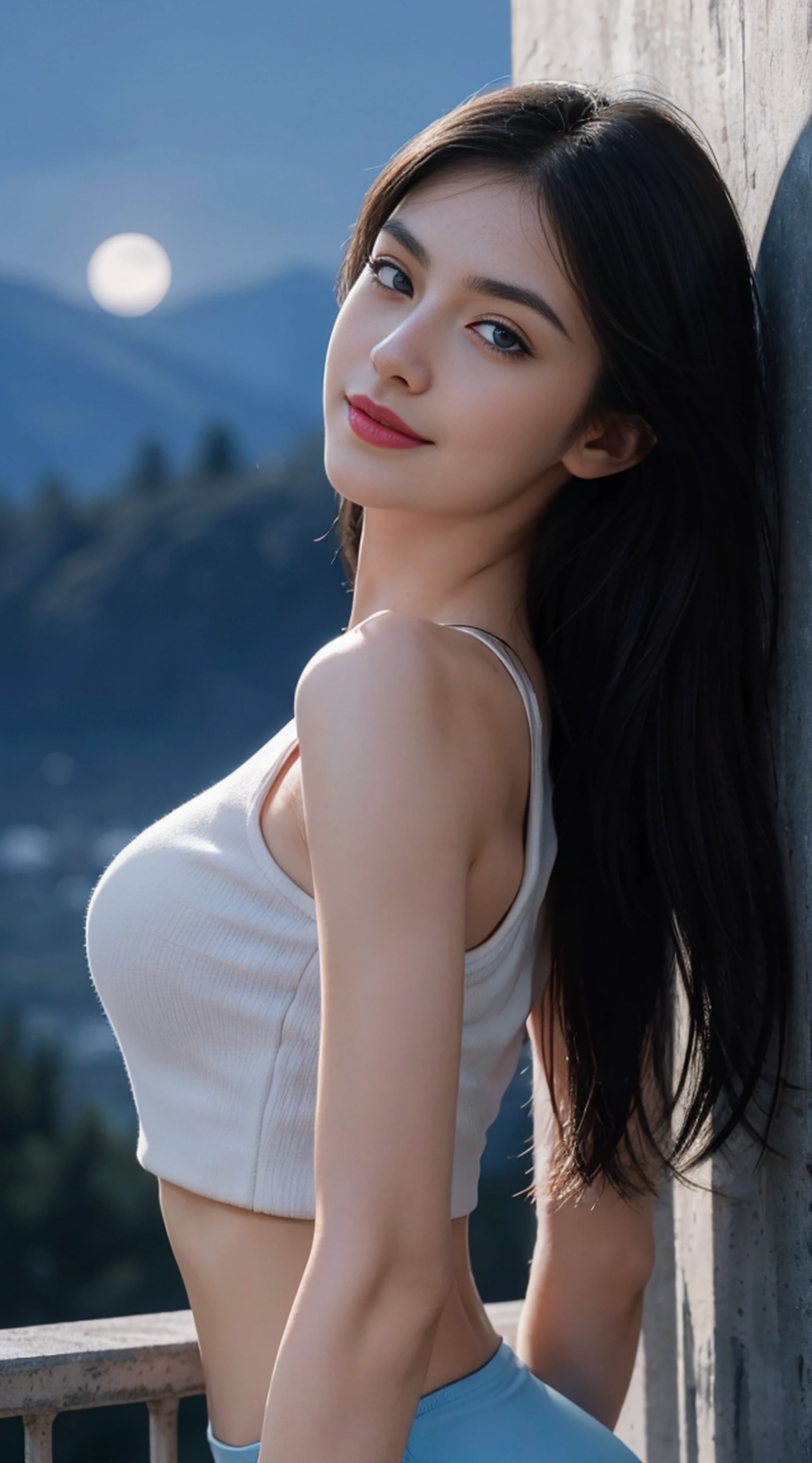 8K, Top Quality, Intricate Details, Ultra Detail, Ultra High Resolution, Masterpiece, random angle, Slender, Smile, (Makeup: 0.4), (Fluffy Blue Eyes: 1.21), blue Eyes, looking at viewer, ((full body)), 1girl, solo, 1 girl, (( full body)), close up shot, , ((tall)), (((fit body))), (((slim face))), sharp face, sharp eyes, (((black hair, long hair, )) , (detailed face), sharp face, small lips,
(( crop top, legging)), detailed face, detailed breast, , large breast, detail ass, , Beautiful girl with accentuated slender abs: 1.4, Six Pack Abs: 1.4, Bust Botox, Big, Perfect Body, detail leg, (( moonlight)), top of mountain