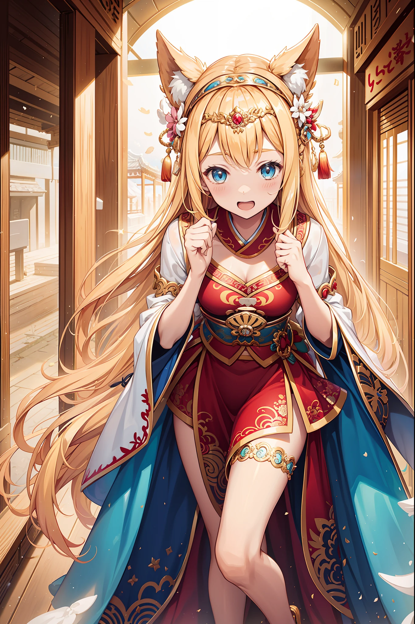 s girl,divino,Enchanted,having fun,Being in love,blond hairbl,Dark soft horse head skirt,transparent costume,intricate detailed clothes,Pattern,Princess headband,A small amount of lace,swim wears,Inside the temple,solo person,the night,Chinese elements,on cheongsam