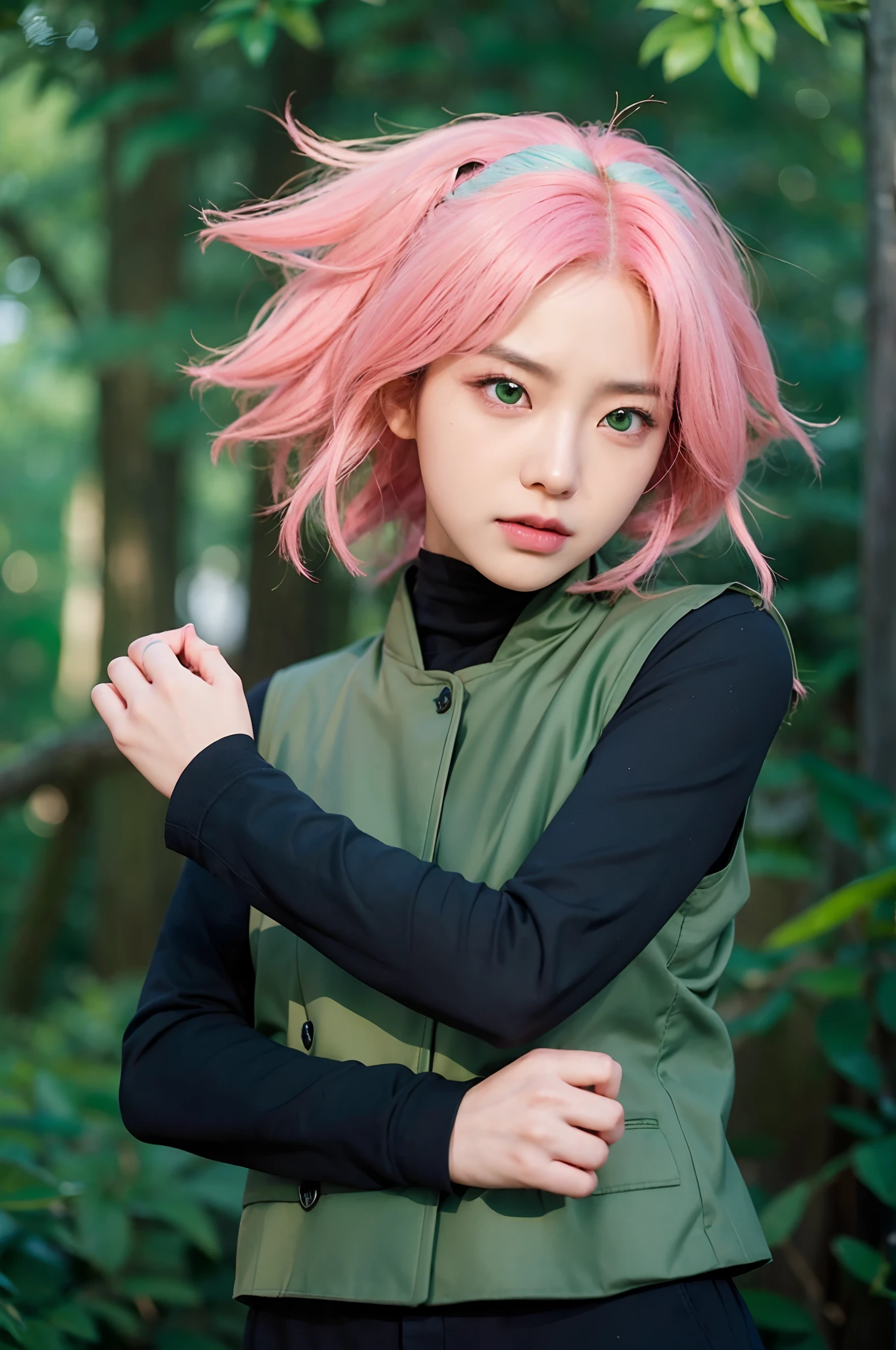 real life adaption of this character, korean beautiful face,realistic outfit wear thick green vest,detailed green eyes,realistic same pink hair,realistic background,hyper realistic,realism,realistic light, realistic shadow,(photorealistic:1.2),looking to camera, angry expression
