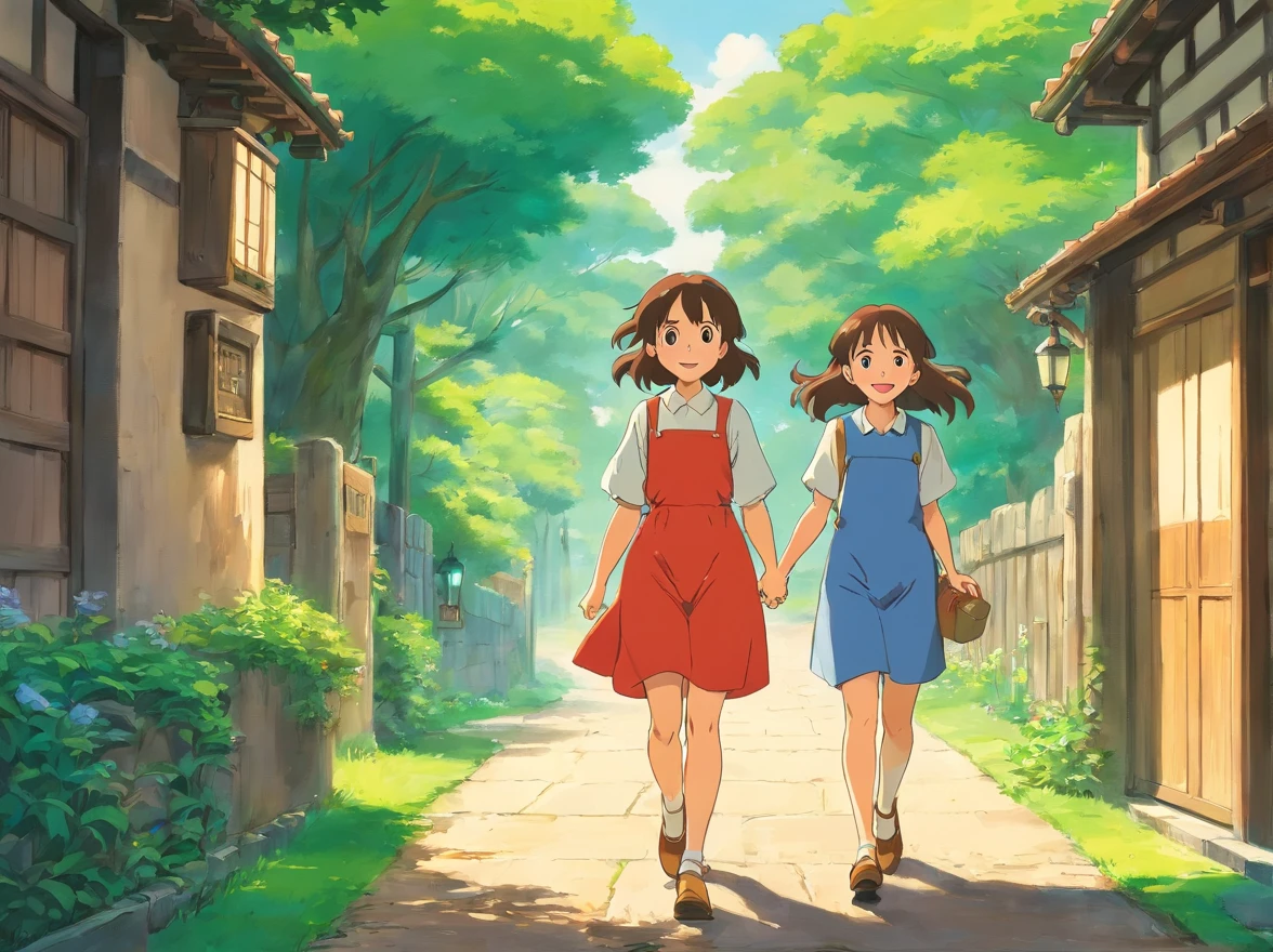 masutepiece, Best Quality, two girls walking happily