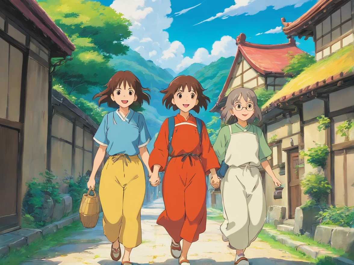 masutepiece, Best Quality, two girls walking happily