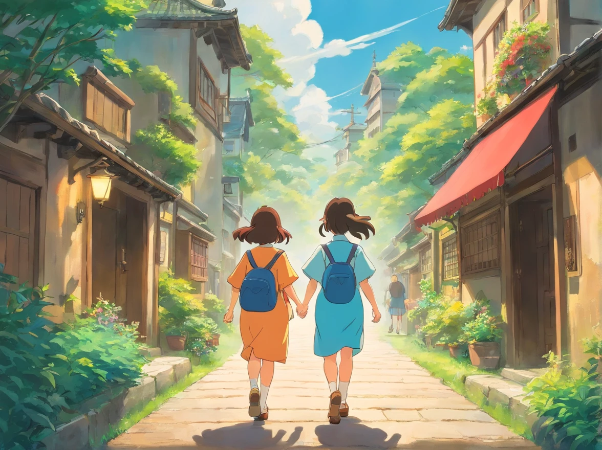 masutepiece, Best Quality, two girls walking happily