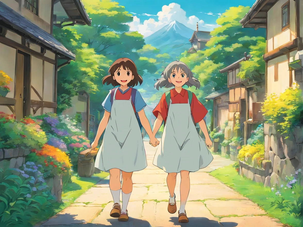 masutepiece, Best Quality, two girls walking happily