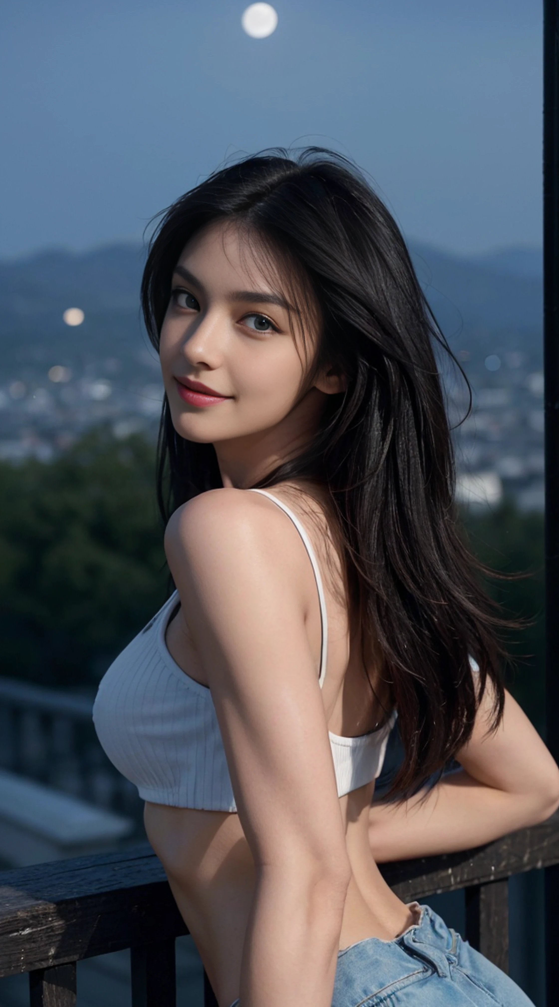 8K, Top Quality, Intricate Details, Ultra Detail, Ultra High Resolution, Masterpiece, random angle, Slender, Smile, (Makeup: 0.4), (Fluffy Blue Eyes: 1.21), blue Eyes, looking back, ((full body)), 1girl, solo, 1 girl, (( full body)), close up shot, , ((tall)), (((fit body))), (((slim face))), sharp face, sharp eyes, (((black hair, long hair, )) (detailed face), sharp face, small lips,
((crop top, low waist short)), detailed face, detailed breast, , large breast, detail ass, round ass , Beautiful girl with accentuated slender abs: 1.4, Six Pack Abs: 1.4, Bust Botox, Big, Perfect Body, detail leg, (( moonlight)), top of mountain