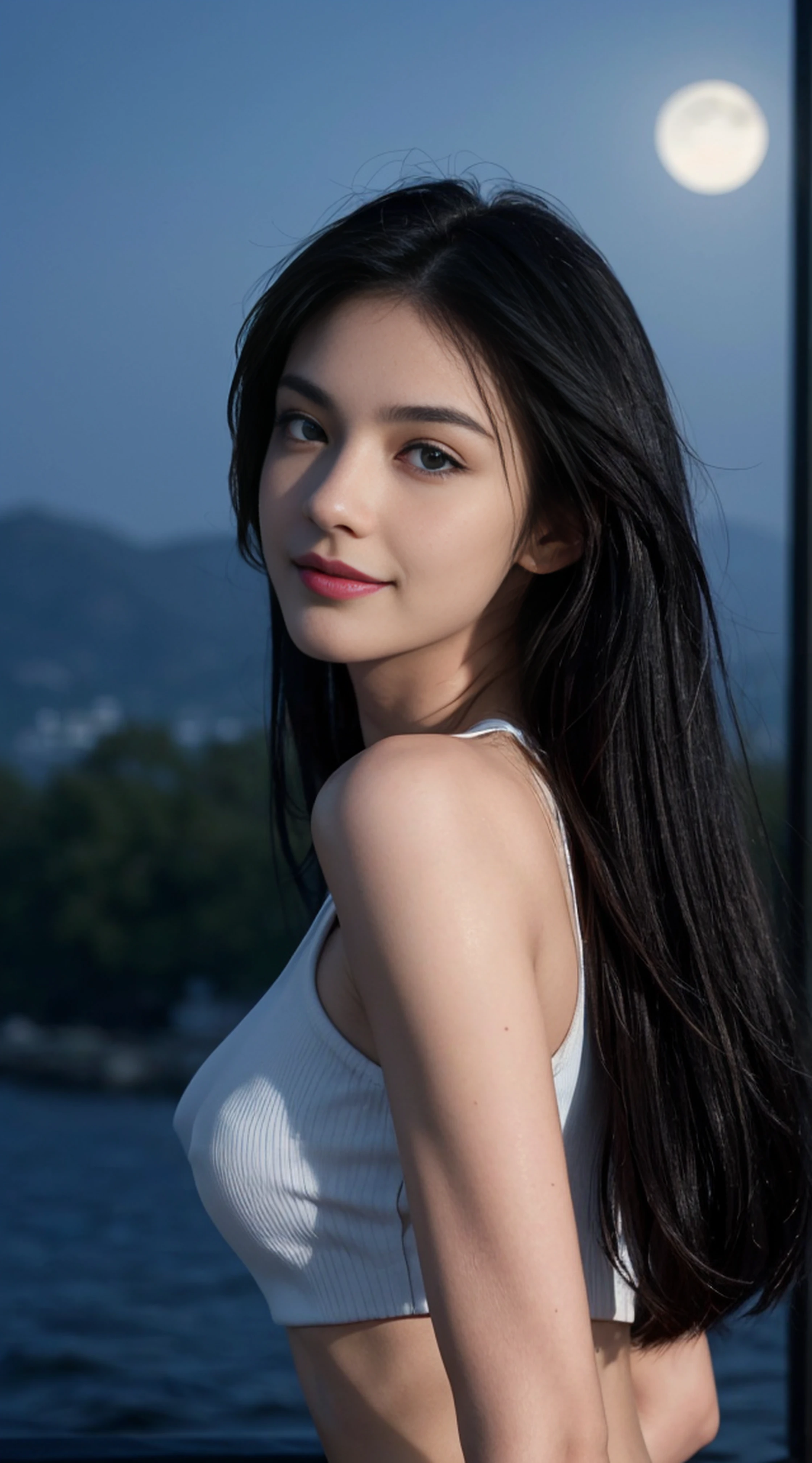 8K, Top Quality, Intricate Details, Ultra Detail, Ultra High Resolution, Masterpiece, random angle, Slender, Smile, (Makeup: 0.4), (Fluffy Blue Eyes: 1.21), blue Eyes, looking back, ((full body)), 1girl, solo, 1 girl, (( full body)), close up shot, , ((tall)), (((fit body))), (((slim face))), sharp face, sharp eyes, (((black hair, long hair, )) (detailed face), sharp face, small lips,
((crop top, low waist short)), detailed face, detailed breast, , large breast, detail ass, round ass , Beautiful girl with accentuated slender abs: 1.4, Six Pack Abs: 1.4, Bust Botox, Big, Perfect Body, detail leg, (( moonlight)), top of mountain
