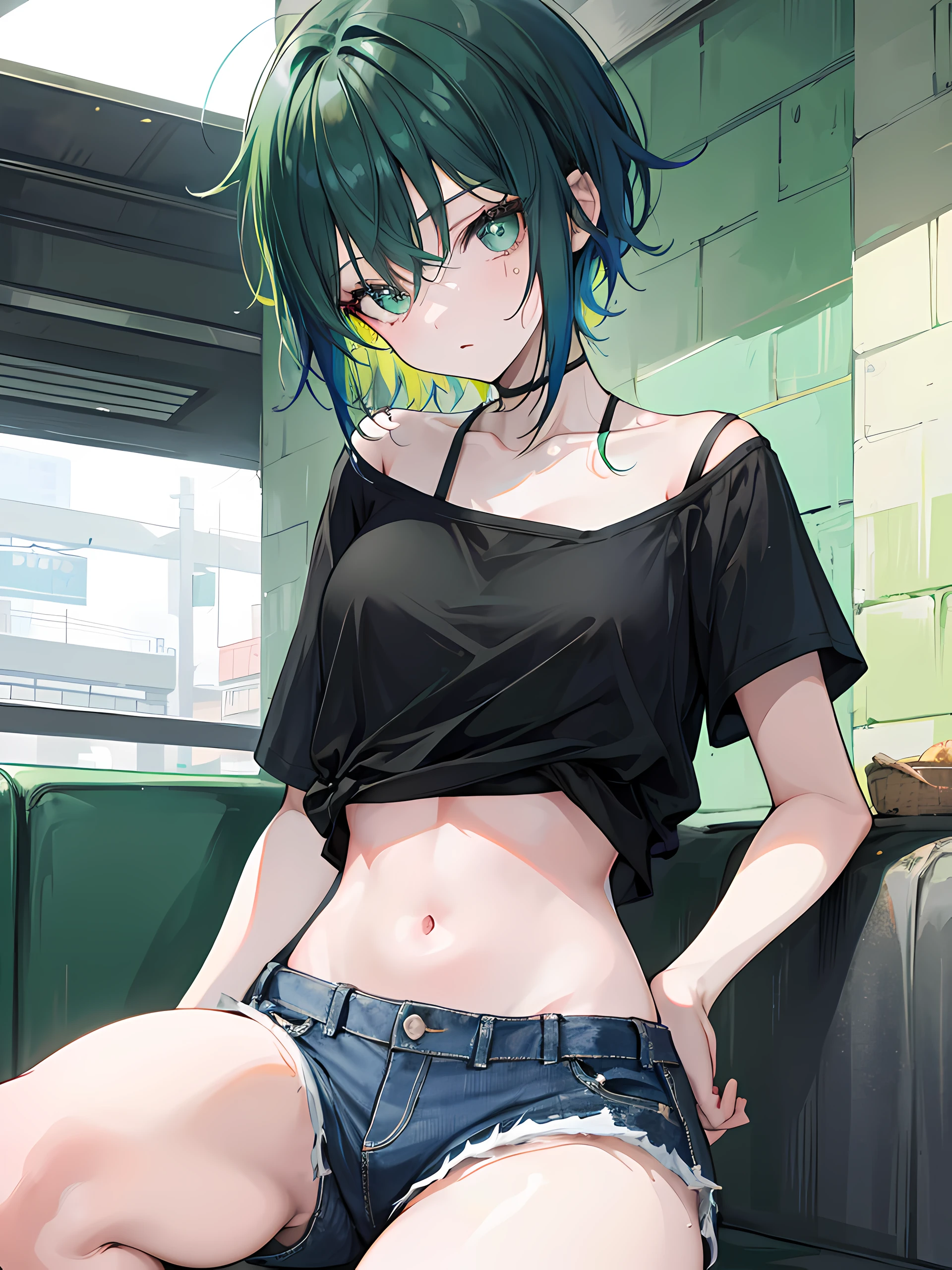 1girls, short green hair, blaue augen, wears a black shirt, jeans shorts, stadt hintergrund, hight resolution, ultra scharf, 8k, schaut in die kamera