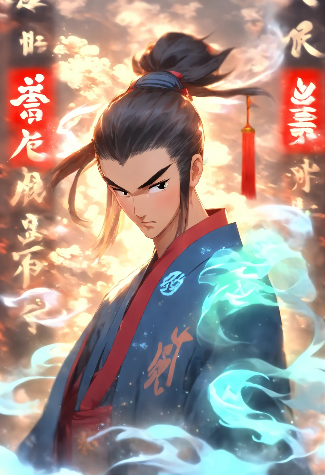 1boys,(((Solo))),full bodyesbian,Young scholars of ancient China,(Hold the transparent illuminated scroll:1.5),(Transparent glowing kanji hovering in midair:2),(Transparent kanji background:1.5),Vertical text,glittery,Scholar in blue robes,Long flowing hair flutters in the wind,16k, hyper HD, high resolution, Very detailed, Best image quality,dynamicposes,(20 columns of Chinese characters:1.6),arranged in an orderly fashion