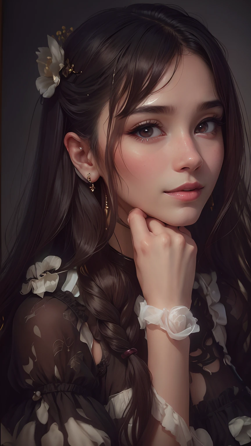 Best quality, masterpiece, high resolution, 1girl, clear silk porcelain dress, beautiful face, hair accessories, looking at the audience, smiling, close your mouth, lips, dress, hair accessories, necklaces, jewelry, long hair, earrings, beautiful face, on the body, Tindal effect, realism, dark studio, edge lighting, two-tone lighting, (high detail skin: 1.2), 8k UHD, DSLR, soft light, high quality, volumetric lighting, photo, high resolution 4K, 8k, blurred background