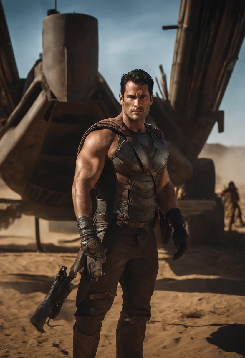 Mad Max as superman, photographrealistic, Postapocalypse、rifle、naked, huge tit、superman、Lots of skin、
