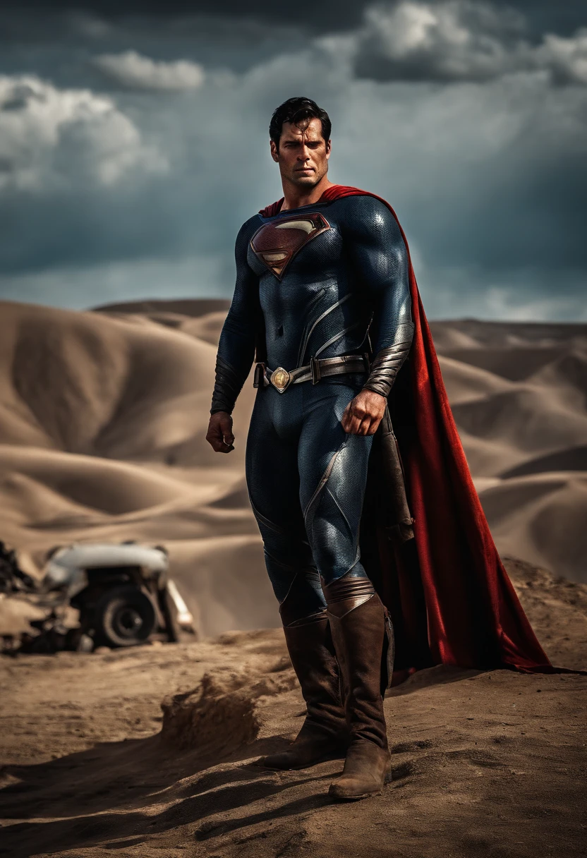 Mad Max as superman, photographrealistic, Postapocalypse、rifle、?????, huge tit、superman、Lots of skin、