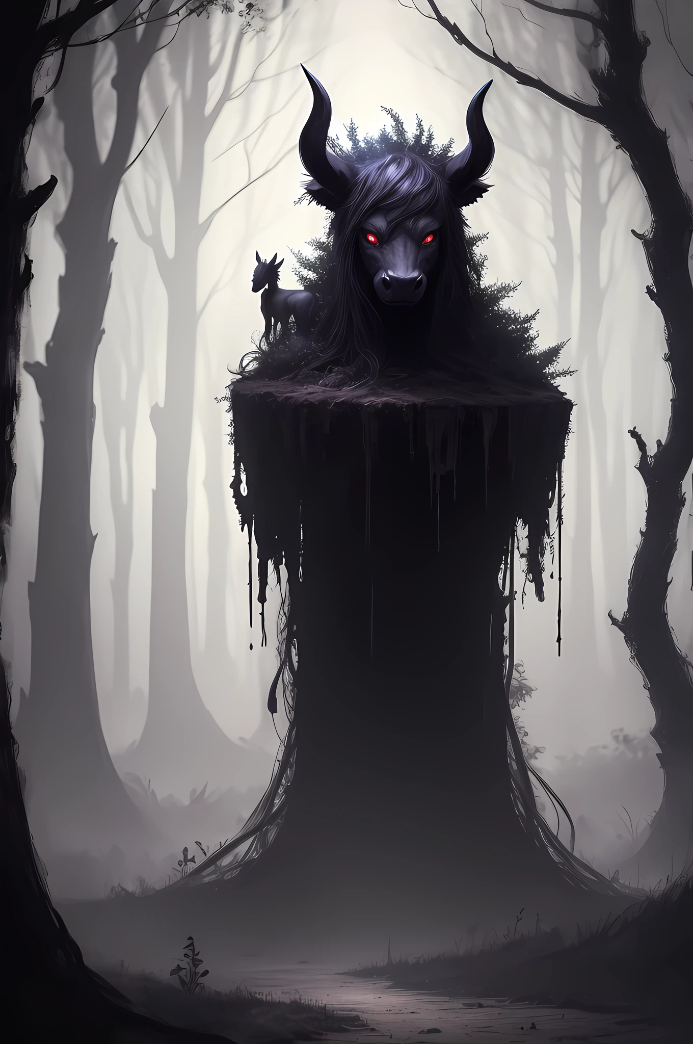 1 dark monster representing once beautiful creature but now its just deceased pony, dark atmosphere, forest, 8k