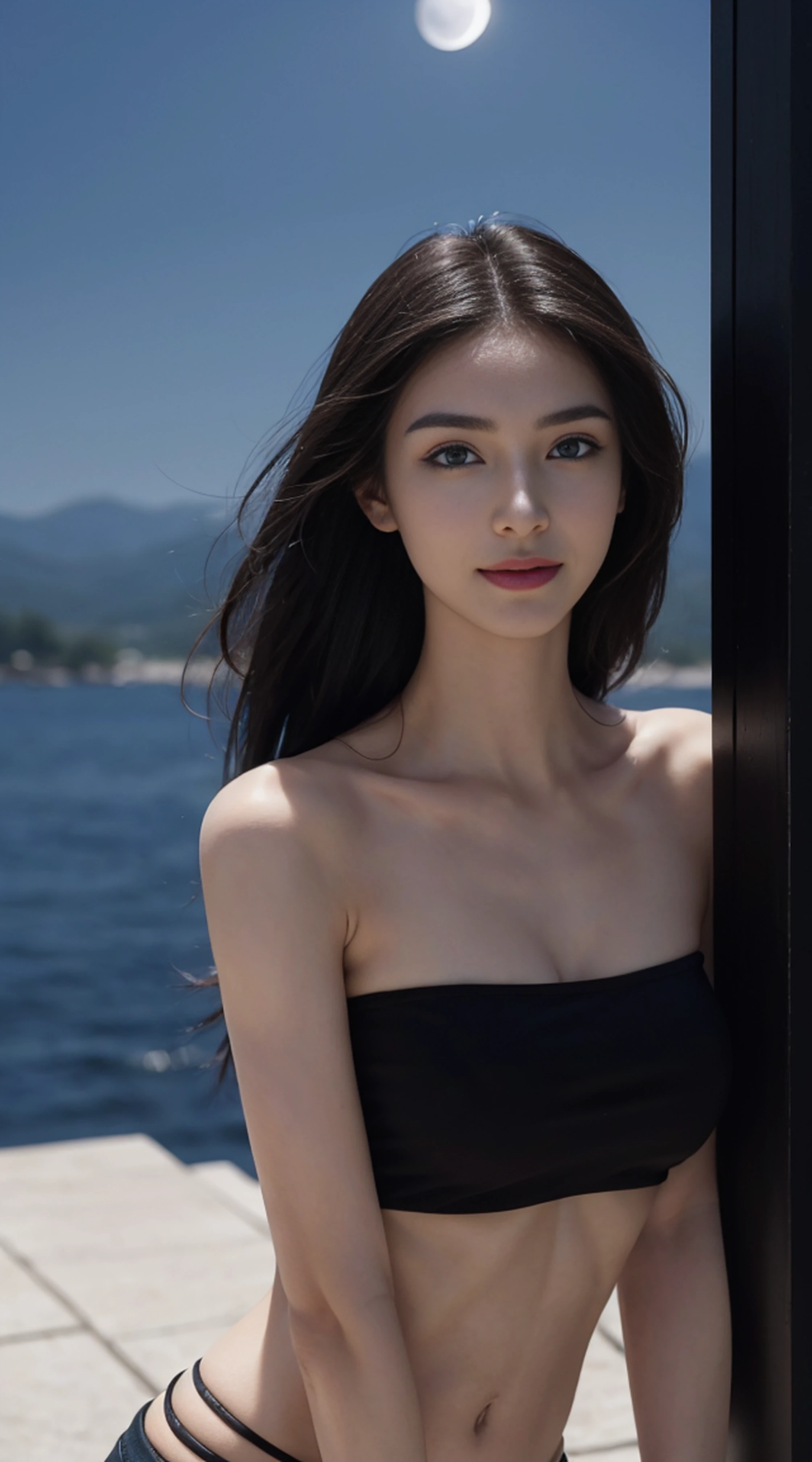 8K, Top Quality, Intricate Details, Ultra Detail, Ultra High Resolution, Masterpiece, random angle,  Slender, Smile, (Makeup: 0.4), (Fluffy Blue Eyes: 1.21), blue Eyes, looking at viewer, ((full body)), 1girl, solo, 1 girl, (( full body)), close up shot, , ((tall)), (((fit body))), (((slim face))), sharp face, sharp eyes, (((black hair, long hair, )) , (detailed face), sharp face, small lips, 
 (( sunglasses)), ((naked)),  detailed face, detailed breast, , large breast, detail ass, , Beautiful girl with accentuated slender abs: 1.4, Six Pack Abs: 1.4, Bust Botox, Big, Perfect Body, detail leg, (( moonlight)), top of mountain