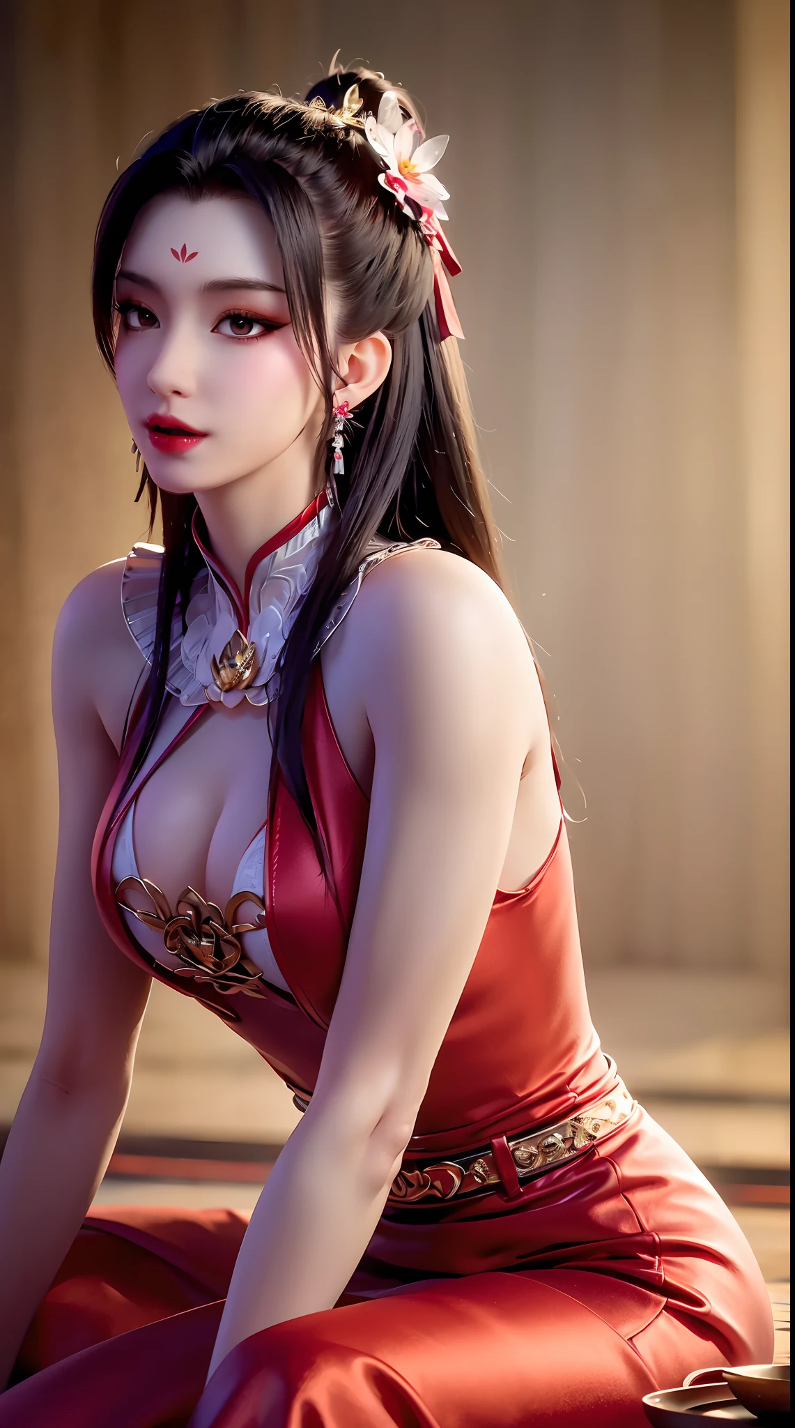 1 beautiful and sexy 20 year old girl, ((wearing a super thin red dress:1.5)), a dress with diamonds, black chest border with gold border, long hair and white bangs, detailed hair jewelry and most beautiful, Super cute , Very pretty face, sparse eyebrows, flawless beautiful face, ((black pupils:0.8)), very beautiful eyes, ((red eyes:1.4)), beautiful and detailed eyelashes and very magical makeup, high nose, earrings, thin lips, red lips, no smile, beautiful lips, rosy face, clean face, flawless beautiful face, smooth white skin, ( big breasts: 0.9)), Blums breasts, ((big and super round breasts): 0.9)), ((super tight breasts: 1.2)), ((breast augmentation: 0.8)), beautiful breasts, sitting on the floor, chest facing forward, upper body of pretty girl, 8k photo, super high quality, super realistic, 10x super pixel, realistic photo, bright studio, light border, two-tone light color, skin (high high detail): 1.2) , 8k ultra, soft light, high quality, light volume, realistic, Image, high resolution, light, Best photo, 4k, 8k quality, effects blur, Smooth and sharp, 10 x pixels, aurora, lightning, super sharp graphics, most realistic graphics ,((red flower background: 1.6)), 1 girl, alone, solo, Extremely sharp, surreal images, (((frontal portrait: 1.6)))."