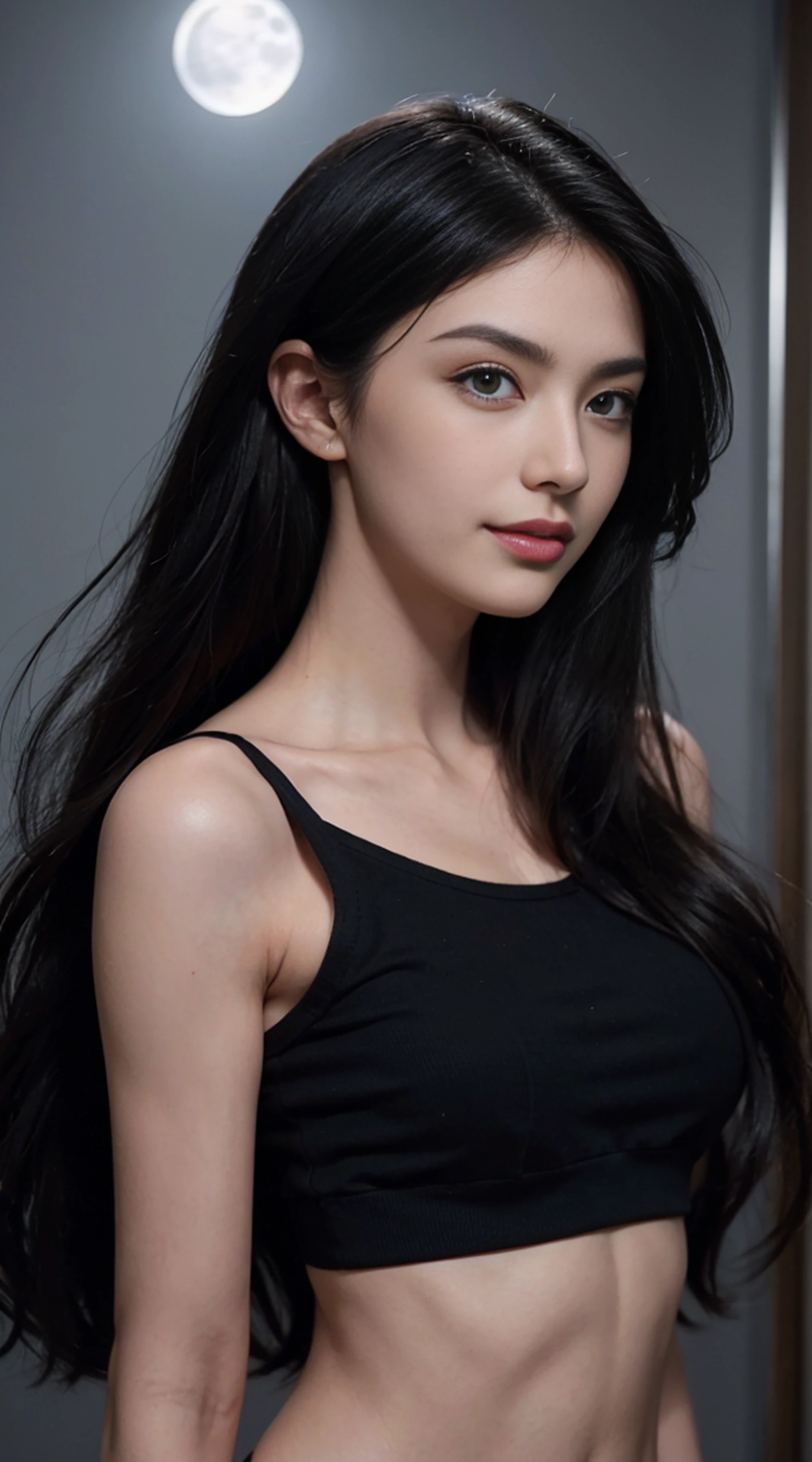 8K, Top Quality, Intricate Details, Ultra Detail, Ultra High Resolution, Masterpiece, random angle, Slender, Smile, (Makeup: 0.4), (Fluffy Blue Eyes: 1.21), blue Eyes, looking at viewer, ((full body)), 1girl, solo, 1 girl, (( full body)), close up shot, , ((tall)), (((fit body))), (((slim face))), sharp face, sharp eyes, (((black hair, long hair, )) , (detailed face), sharp face, small lips,
(( crop top, low waist short)), detailed face, detailed breast, , large breast, detail ass, , Beautiful girl with accentuated slender abs: 1.4, Six Pack Abs: 1.4, Bust Botox, Big, Perfect Body, detail leg, (( moonlight)), top of mountain