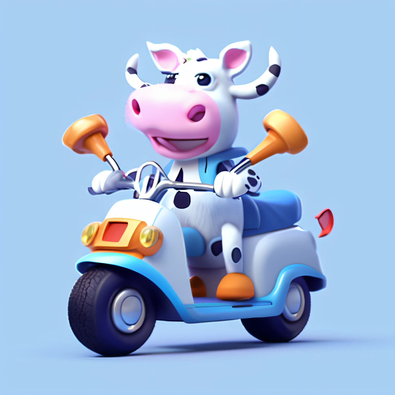 Alafi on scooter with bells on blue background, 3 d icon for mobile game, cute 3 d render, cow, toon render keyshot, Cute! C4D, 3D illustration, 3 D 插图, depicted as a 3 d render, Stylized 3 D, 3 d desenho animado, for hire 3d artist, taur