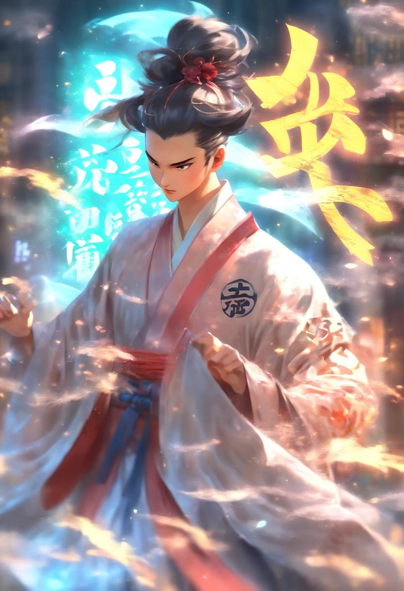 1boys,(((Solo)))，full bodyesbian,Young scholars of ancient China，(Hold the transparent illuminated scroll:1.5)，(Transparent glowing kanji hovering in midair:2)，（Transparent kanji background：1.5），Vertical text，glittery，Scholar in blue robes，Long flowing hair flutters in the wind，16k, hyper HD, high resolution, Very detailed, Best image quality,dynamicposes，(20 columns of Chinese characters:1.6)，arranged in an orderly fashion