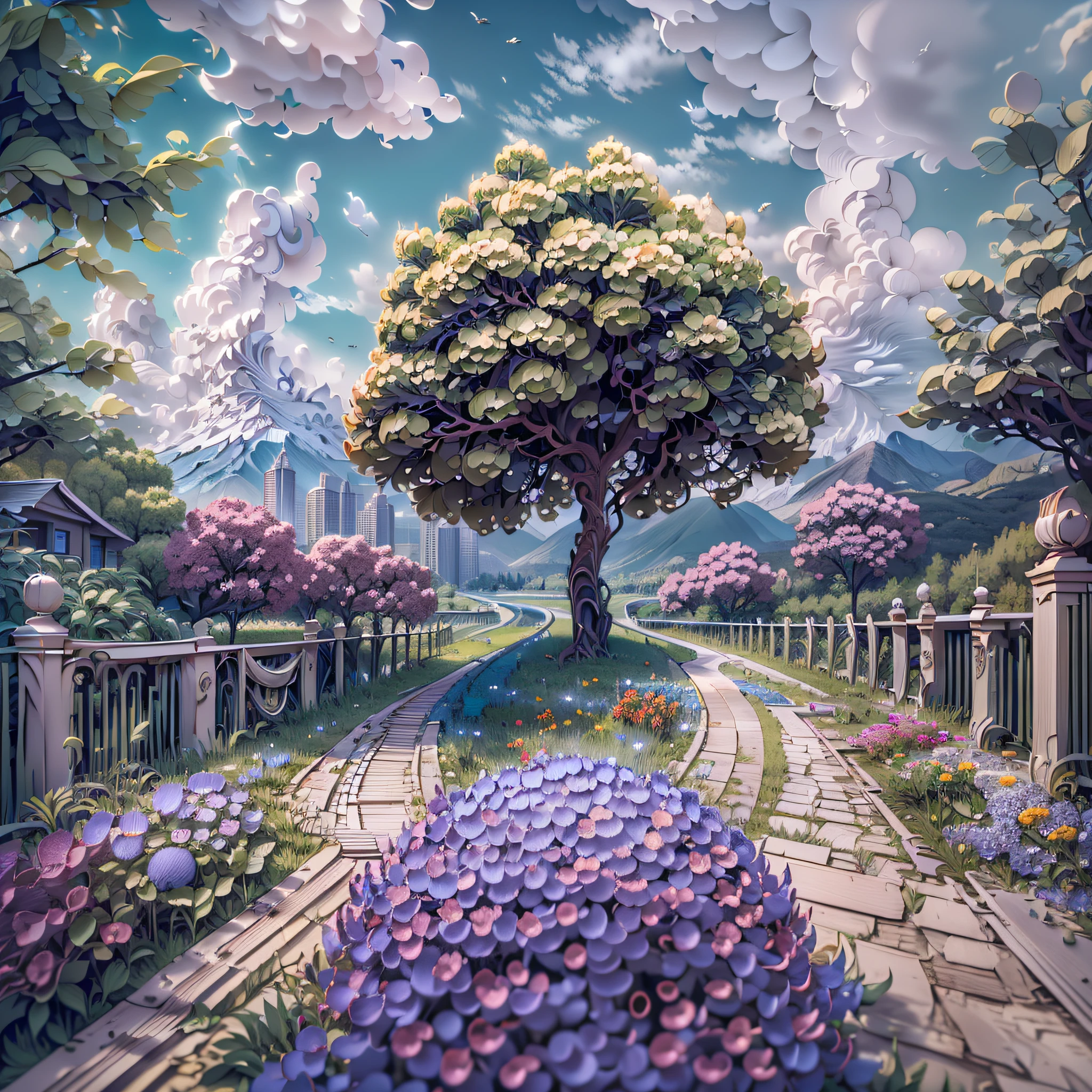 (Best quality,4K,8K,A high resolution,Masterpiece:1.2),Ultra-detailed,(Realistic,Photorealistic,photo-realistic:1.37),Wide-angle lens, bridge, Building, Bush, City, Cloud, day, Door, fence, Field,orest, sonoko, Grass, house, hydrangea, Mountain, Nature, No_Humanity, Outdoors, paths, plant, potted_plant, purple_flower, Road, scenery, sky, skyscraper, traditional_Mediums, tree,