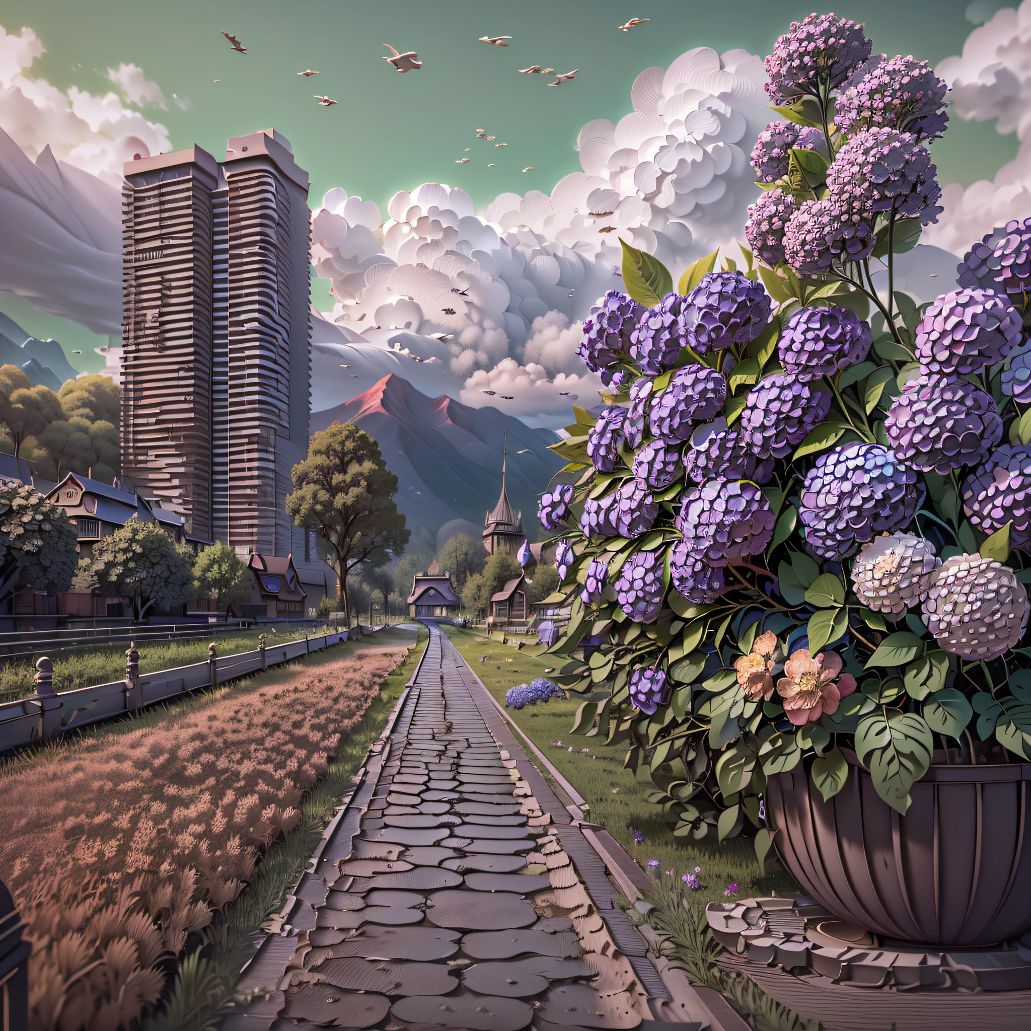 (Best quality,4K,8K,A high resolution,Masterpiece:1.2),Ultra-detailed,(Realistic,Photorealistic,photo-realistic:1.37),Wide-angle lens, bridge, Building, Bush, City, Cloud, day, Door, fence, Field,orest, sonoko, Grass, house, hydrangea, Mountain, Nature, No_Humanity, Outdoors, paths, plant, potted_plant, purple_flower, Road, scenery, sky, skyscraper, traditional_Mediums, tree,