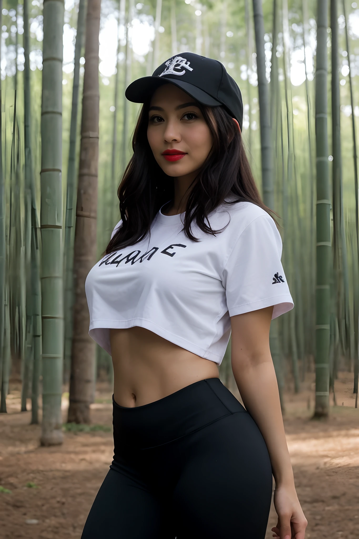 1female，36 years old，熟妇，mature，Bigchest，Big breasts Thin waist，long leges，Raised sexy，Pornographic exposure， 独奏，（Background with：bamboo forrest，clubs） She has very short black hair，standing on your feet，Sweat profusely，drenched all over the body，seen from the front， hair straight， mostly cloudy sky，（（（tmasterpiece），（Very detailed CG unity 8K wallpaper），best qualtiy，cinmatic lighting，detailed back ground，beatiful detailed eyes，Bright pupils，（Very fine and beautiful），（Beautiful and detailed eye description），Black eyes，Redlip，ultra - detailed，tmasterpiece，）），facing at camera，（The upper part of the body），A high resolution，ultra - detailed），revealing breasts，Bare genitalia，  Bulge，legs are open，sexyposture，Camel toes，Flushed complexion，Open-mouthed，frontage，（Wearing：baseball cap，Red baseball shirt，black colored leggings，athletic sneakers），Full body photo，Show shoes