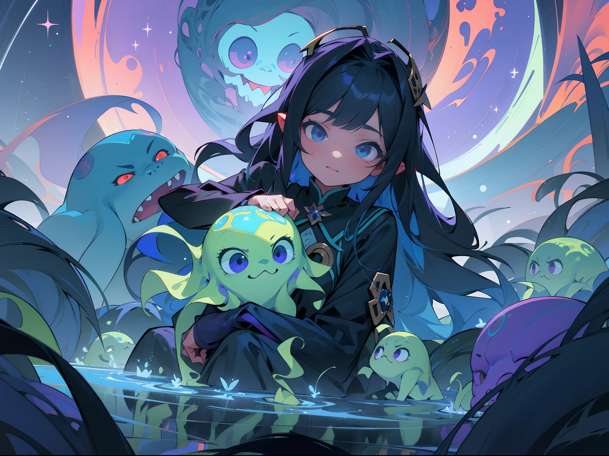 tmasterpiece，Best quality at best），highly details, Ultra-detailed 8K， 超高分辨率，kosmos，starlights，Huge algae，Cthulhu，tentaculata，starrysky，black hole，Bask in starlight，The girl is curled up in the middle of the picture，perfect compositions，Black and blue-violet
