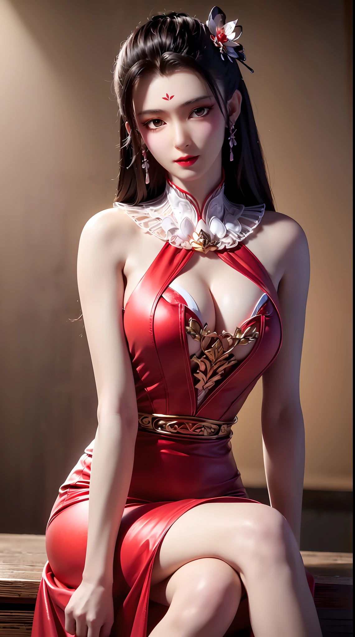 1 beautiful and sexy 20 year old girl, ((wearing a super thin red dress:1.5)), a dress with diamonds, black chest border with gold border, long hair and white bangs, detailed hair jewelry and most beautiful, Super cute baby face, Very pretty face, sparse eyebrows, flawless beautiful face, ((black pupils:0.8)), very beautiful eyes, ((red eyes:1.4)), beautiful and detailed eyelashes and very magical makeup, high nose, earrings, thin lips, red lips, no smile, beautiful lips, rosy face, clean face, flawless beautiful face, smooth white skin, ( big breasts: 0.9)), Blums breasts, ((big and super round breasts): 0.9)), ((super tight breasts: 1.2)), ((breast augmentation: 0.8)), beautiful breasts, sitting on the floor, chest facing forward, upper body of pretty girl, 8k photo, super high quality, super realistic, 10x super pixel, realistic photo, bright studio, light border, two-tone light color, skin (high high detail): 1.2) , 8k ultra, soft light, high quality, light volume, realistic, Image, high resolution, light, Best photo, 4k, 8k quality, effects blur, Smooth and sharp, 10 x pixels, aurora, lightning, super sharp graphics, most realistic graphics ,((red flower background: 1.6)), 1 girl, alone, solo, Extremely sharp, surreal images, (((frontal portrait: 1.6)))."