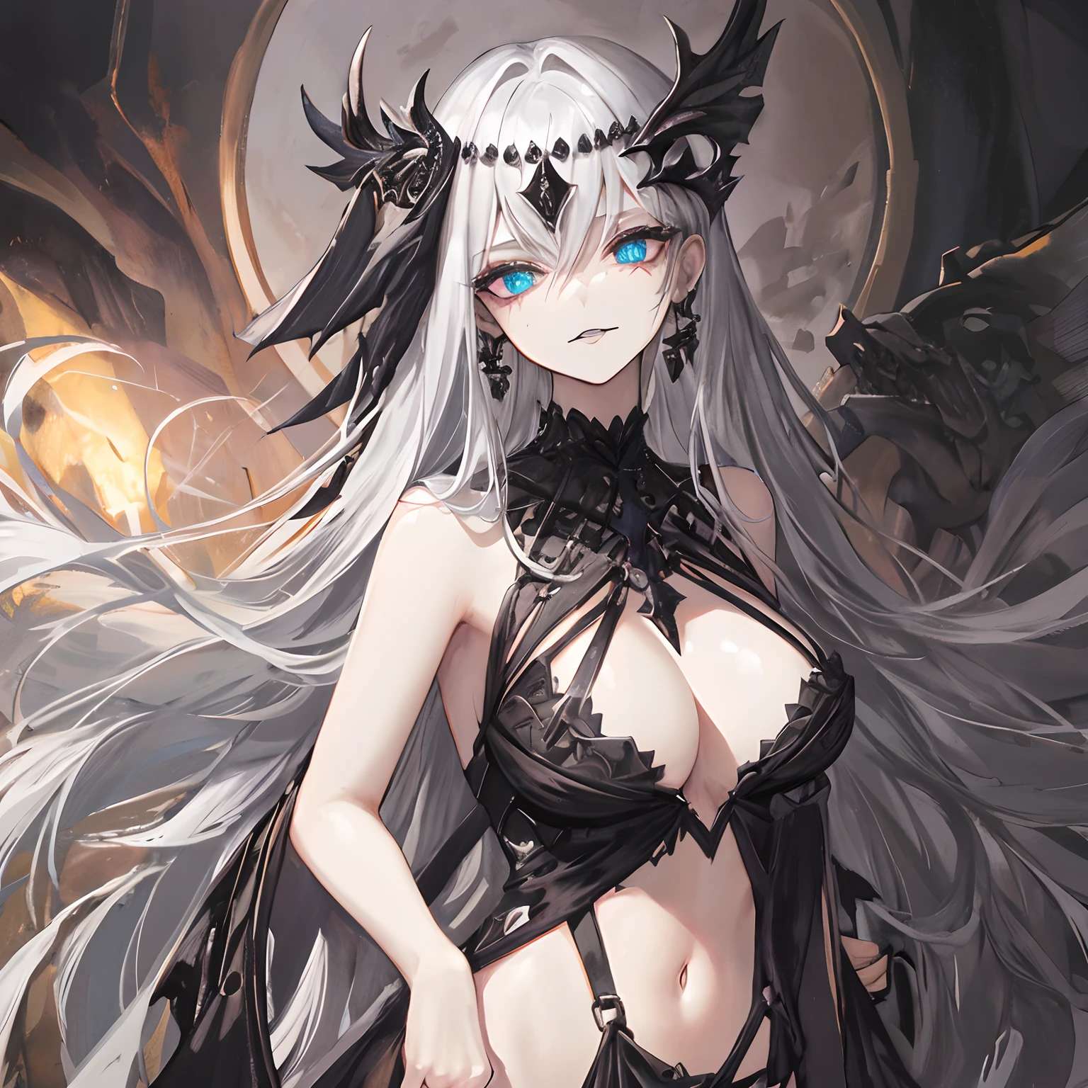 black long open dress, witch, silver jewelry in the shape of ribs, metal mask on half of the face, black lipstick