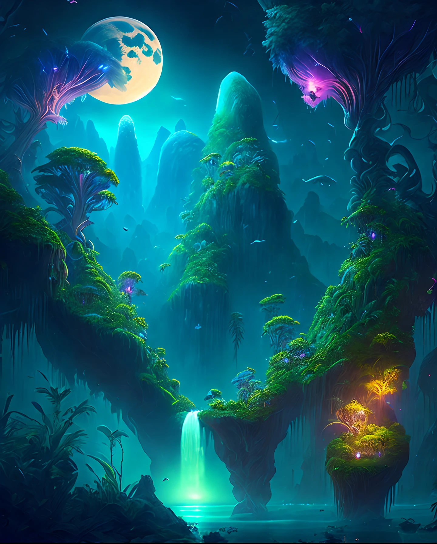 An enchanting fantasy jungle under a moonlit sky, massive floating islands covered in lush vegetation, cascading waterfalls, and illuminated creatures soaring through the night, Digital artwork