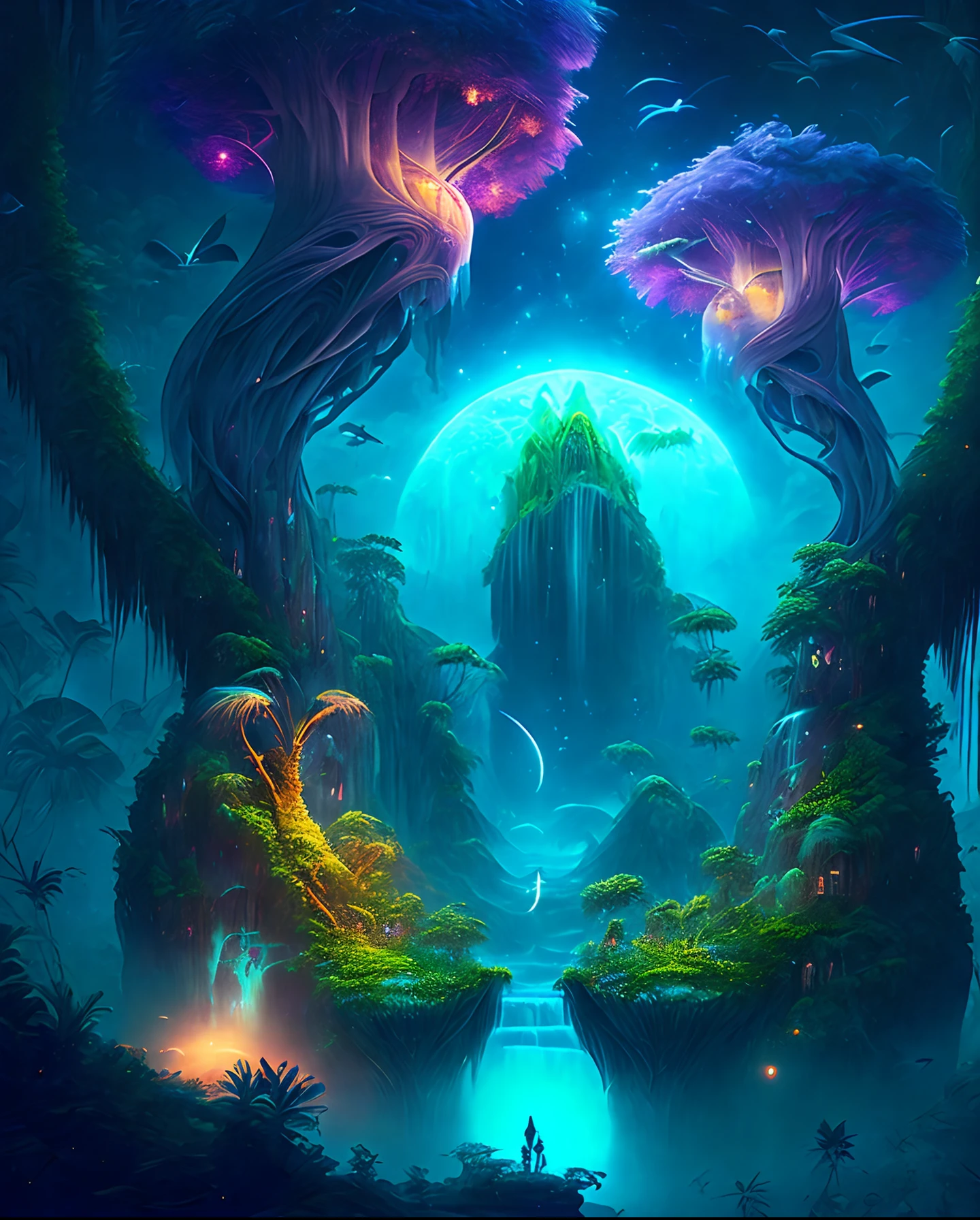 An enchanting fantasy jungle under a moonlit sky, massive floating islands covered in lush vegetation, cascading waterfalls, and illuminated creatures soaring through the night, Digital artwork