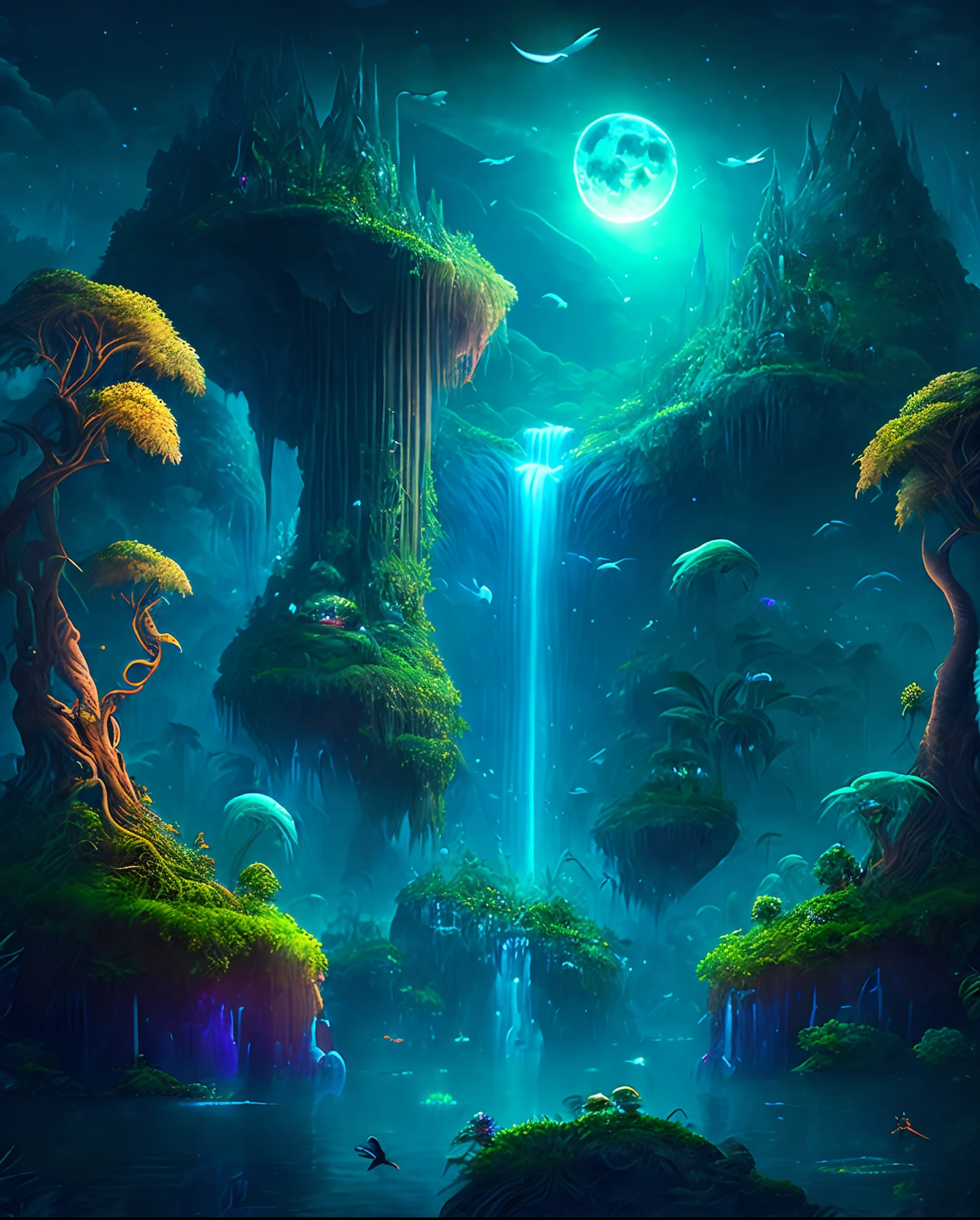 An enchanting fantasy jungle under a moonlit sky, massive floating islands covered in lush vegetation, cascading waterfalls, and illuminated creatures soaring through the night, Digital artwork