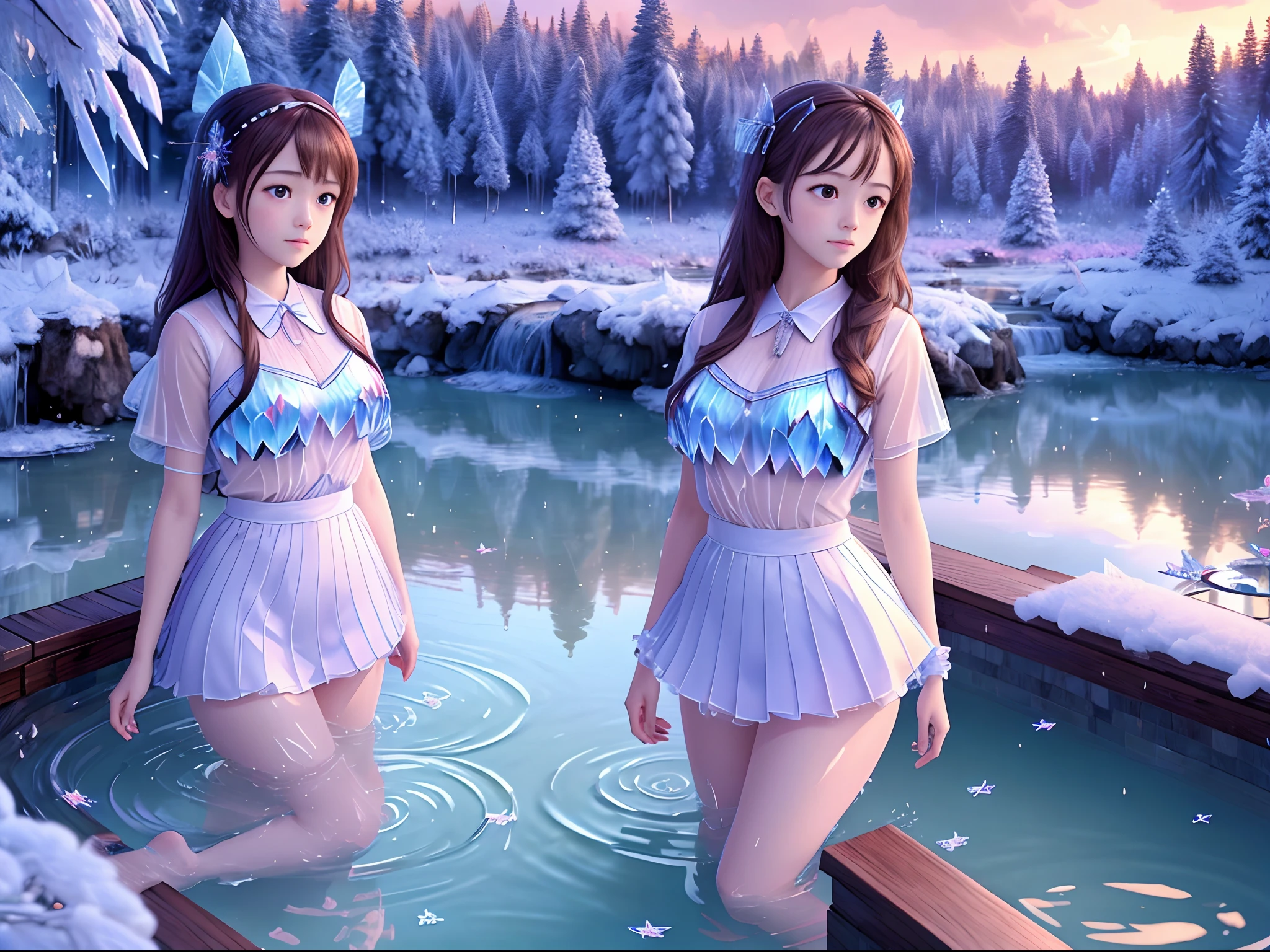2 beautiful schoolgirls, in a hot spring, (Full body like：1.4), detailed and accurate depth of fields，8K, A high resolution, masterpiece, beautiful wallpapers, high quality, high detail, the perfect face, butterfly, dragonfly, crystallineAI, fractal art, forest, winter, school ribbon