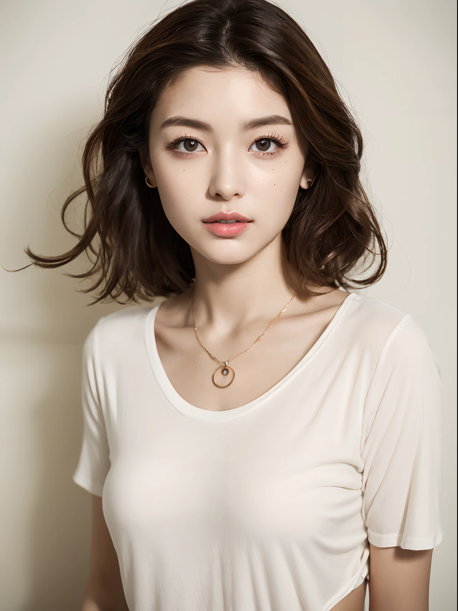 top-quality:1.3、​masterpiece、hight resolution、［1 girl in］、｛独奏｝、Raw photo、Real person、Photo of a seductive woman with a loose style of brown hair, Pose in the room, mascara, ,(Textured skin, Skin pores:1.1), (Mole:0.6), (Imperfect skin:1.1) intricate detailes, goose bumps, face perfect, ((Photorealsitic):1.1), (Unripe, 8K:1.2)、Detailed skin、japanes、waved hair、Crew Neck T-Shirt、catchlight、piercings、a necklace、white walls、White Room、waist-up