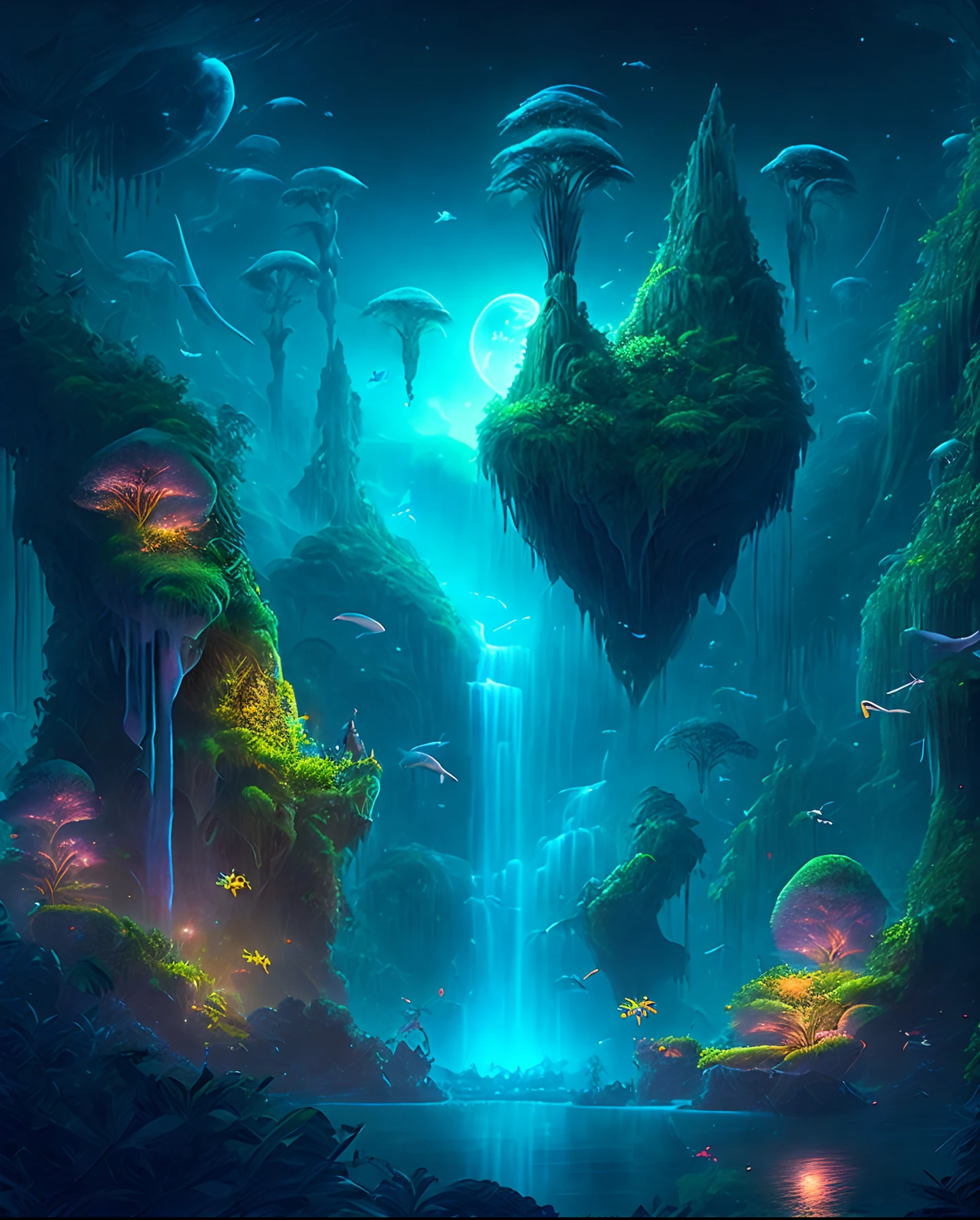 An enchanting fantasy jungle under a moonlit sky, massive floating islands covered in lush vegetation, cascading waterfalls, and illuminated creatures soaring through the night, Digital artwork