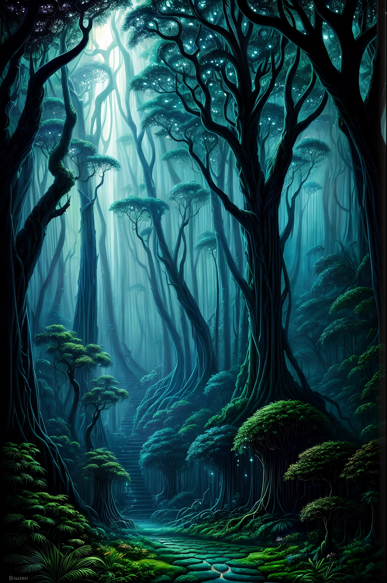 A mystical fantasy jungle with towering bioluminescent trees, their roots forming intricate patterns, glowing flora and fauna, ethereal fog, and an ancient stone temple hidden deep within, Painting, acrylic on canvas,