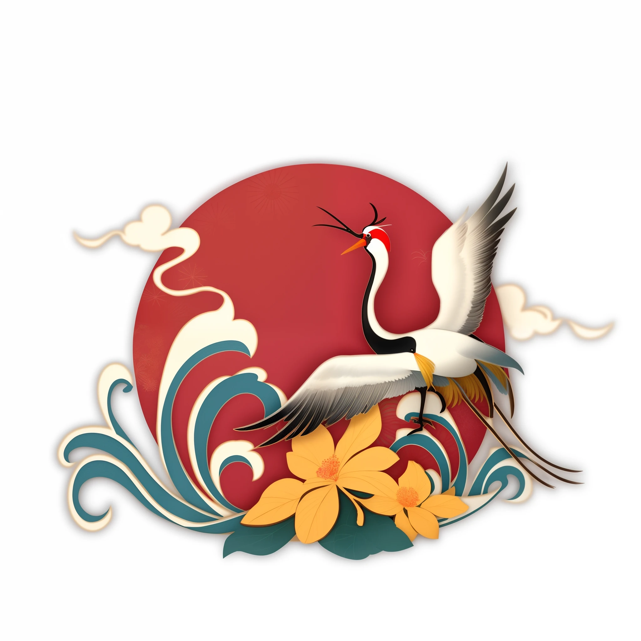 Image of a crane flying over a wreath of Aalfed, japanese crane bird in center, japanese art on behance, inspired by Ohara Koson, inspired by Shūbun Tenshō, inspired by Koson Ohara, Japan, author：Tan Yang Kano, inspired by Hanabusa Itchō, Japanese art style