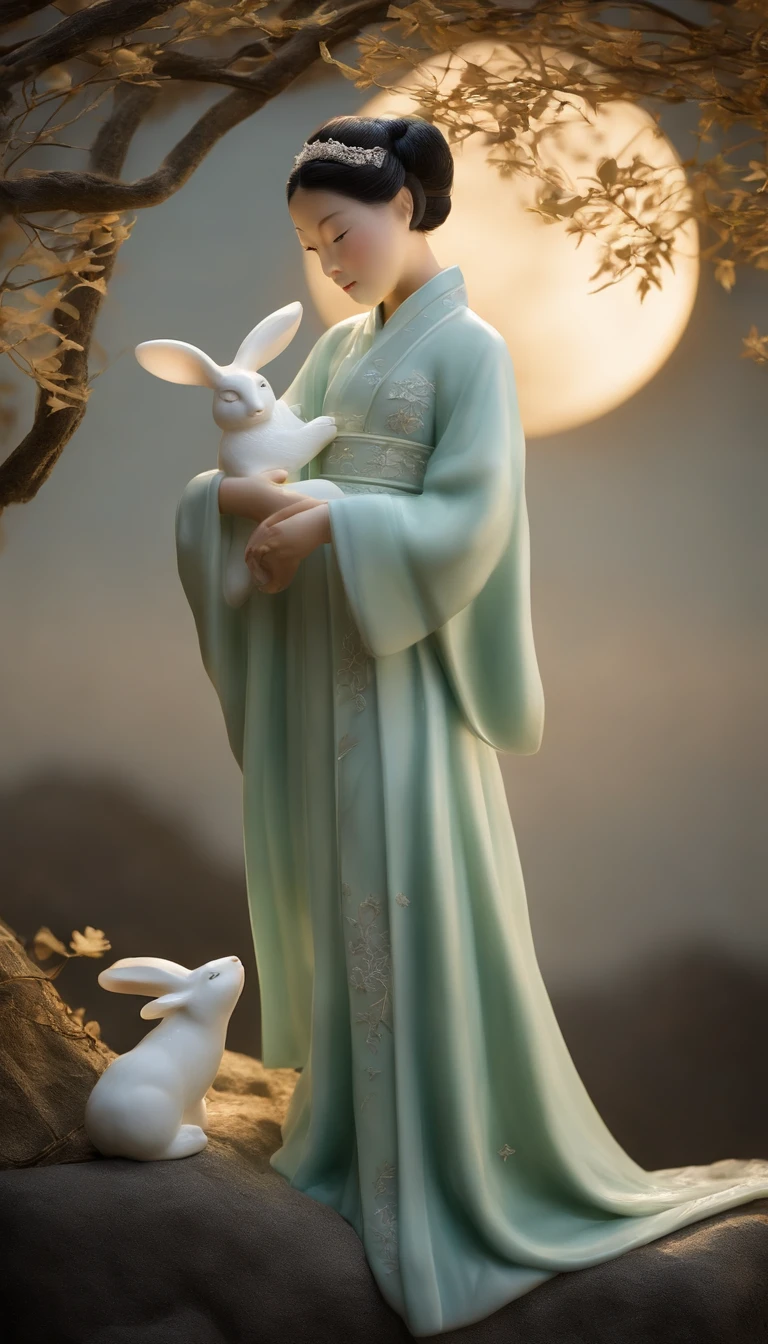 Sculpture of celadon textured girl in Hanfu,Holding a rabbit in his arms,Smooth and shiny porcelain skin for girls,chinaware,moon full、Clouds、the night、rays of moonlight、As estrelas,
Ancient Chinese porcelain style relief,Doubleexposure,Delayed exposure,Side lighting,Three-dimensional feeling,3D,Blank background