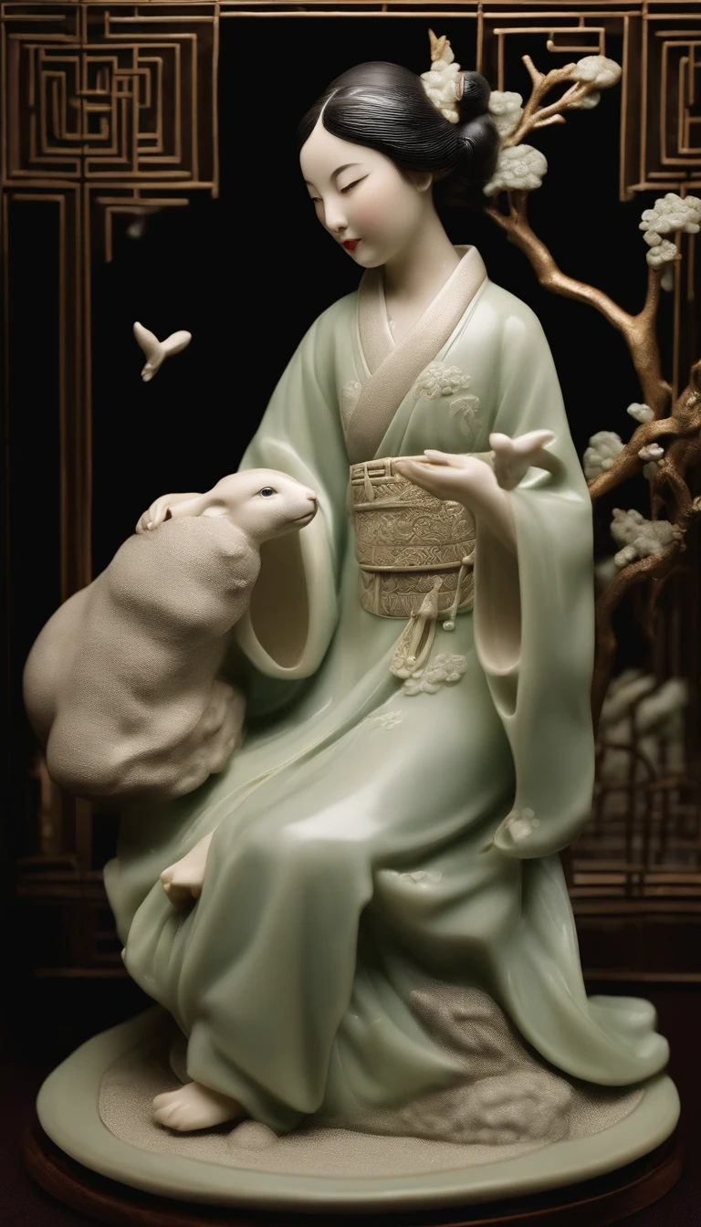 Celadon texture girl sculpture，Holding a rabbit in his arms，Smooth and shiny porcelain skin for girls，chinaware，on cheongsam、moon full、Clouds、the night、rays of moonlight、As estrelas，
Ancient Chinese porcelain style relief，cinematric light，Three-dimensional feeling，。.3D，Blank background