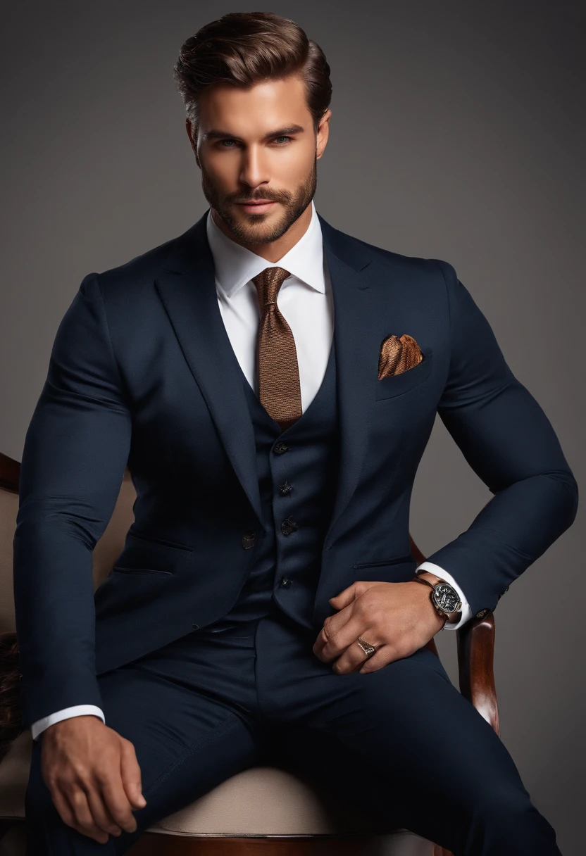 best quality,ultra-detailed,realistic:1.37,handsome man,handsome face,detailed eyes,strong jawline,stubble beard,charming smile,classy suit,stylish hair,clean-shaven,confident posture,gentleman,captivating gaze,well-groomed,professional,model-like appearance,vivid colors,studio lighting,warm color tone,medium:portrait