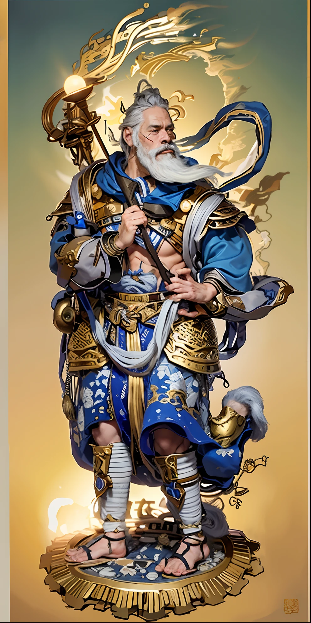 Handsome old man, mythical character，Grandpa，(((Gray hair fluttering)))，(((White beard)))，(((com um rosto quadrado)))，nobles，Lao Wang，One meter nine，small heads，long leges，Tall guy，com um rosto quadrado，Strong facial muscles，Peng Yuyan，Basketball player body proportions，Chinese model，Asian people，looking toward the viewer，Blue pupil，The body is well-proportioned，Long legs，Straight back，Fitness trainer，Movie stars are glamorous,(((Heads-up)))，Handsome，Oriental，muscular face，Muscular body，Perfect proportions，The muscles have expressions in both eyes，King Yan Luo stared ahead，(((Golden lotus throne)))，1 man，(((Ancient Roman clothing)))，silkouette，White yarn，There are muscles，(((Ancient Roman white clothes)))，Shirtless，，(((Head background with round light)))，(((Behind it is the sun)))，(((The man emits a bright and dazzling light)))，King Yan took away the metal weapon，Take the Skeleton Staff as an example，Barefoot on both feet，Step on the nasturtium，photorealestic，professional photoshooting，Realiy，超高分辨率，tmasterpiece，