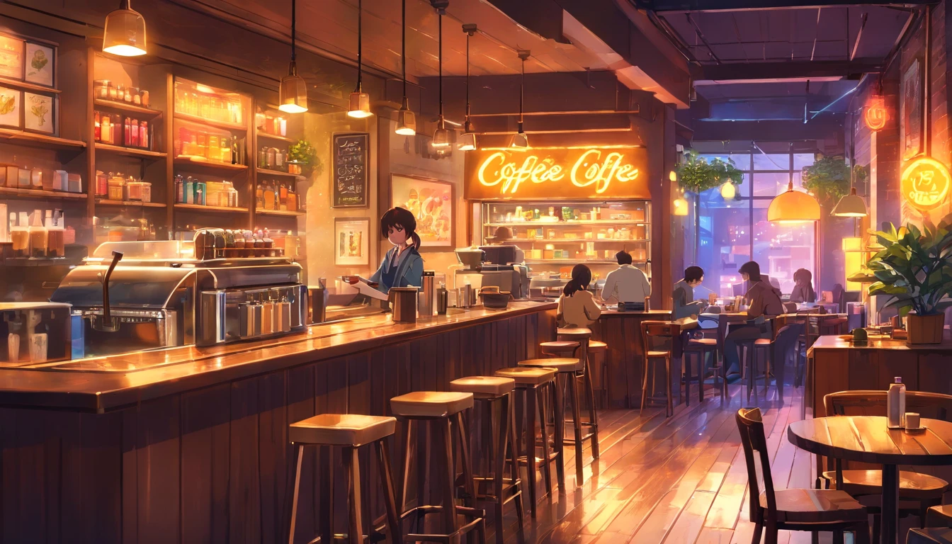 (neon-lit night scene),(low-fi coffee shop),(vibrant colors),(detailed coffee cup),(reflections on the table), (nostalgic vibes), (artistic painting style),(cozy atmosphere), (realistic textures), (coffee aroma in the air), (people chatting and laughing), (street view), (soft shadows), (dark alleyway), (city lights), (rainy weather), (raindrops on the windowpane), (blurred background), (decorative interior design), (aesthetic vibe), (indoor plants), (glowing neon sign), (barista preparing coffee), (smoke from the coffee machine), (an artistic slow-paced moment), (customers enjoying their drinks), (latte art), (music playing in the background), (steaming hot coffee),(floral patterned plates), (warm color tones), (cozy seating arrangement), (rustic wooden tables), (intimate ambiance), (bokeh lights), (candid moments captured), (artistic lighting effects), (dreamy atmosphere), (stylish bar counter), (traces of coffee spills), (artwork on the walls).