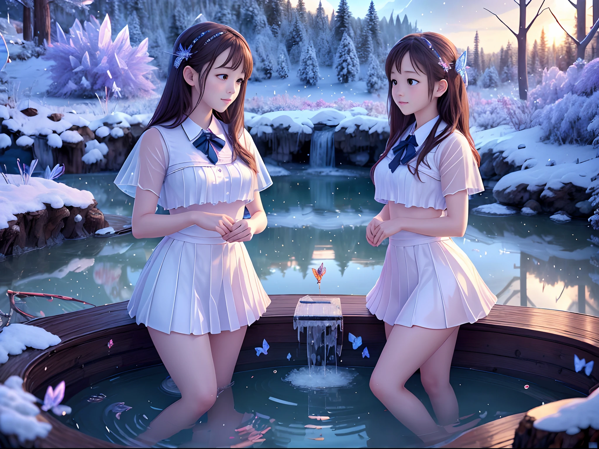 2 beautiful schoolgirls, in a hot spring, (Full body like：1.4), detailed and accurate depth of fields，8K, A high resolution, masterpiece, beautiful wallpapers, high quality, high detail, the perfect face, butterfly, dragonfly, crystallineAI, fractal art, forest, winter, school ribbon