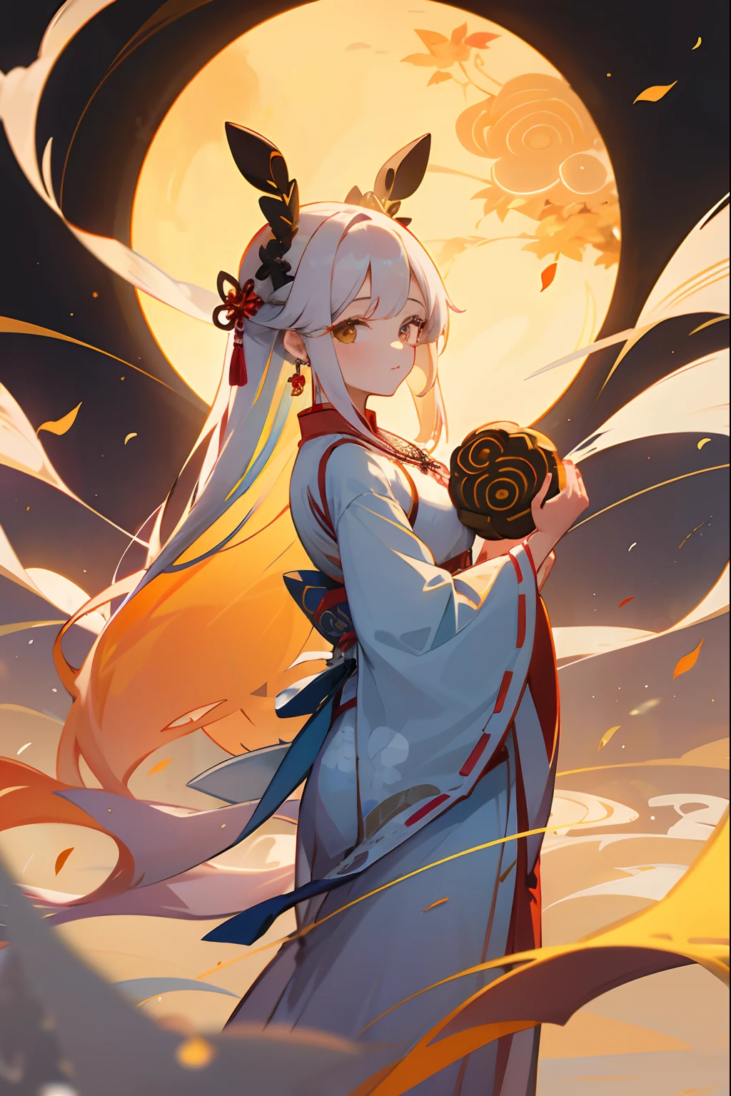 1 girl, Ancient Chinese Hanfu, Long hair to the mid-back, Rabbit earrings, mooncake, full moon, White kite, Colorful autumn,8K,  --AR 9:16 --s 750 --niji 5