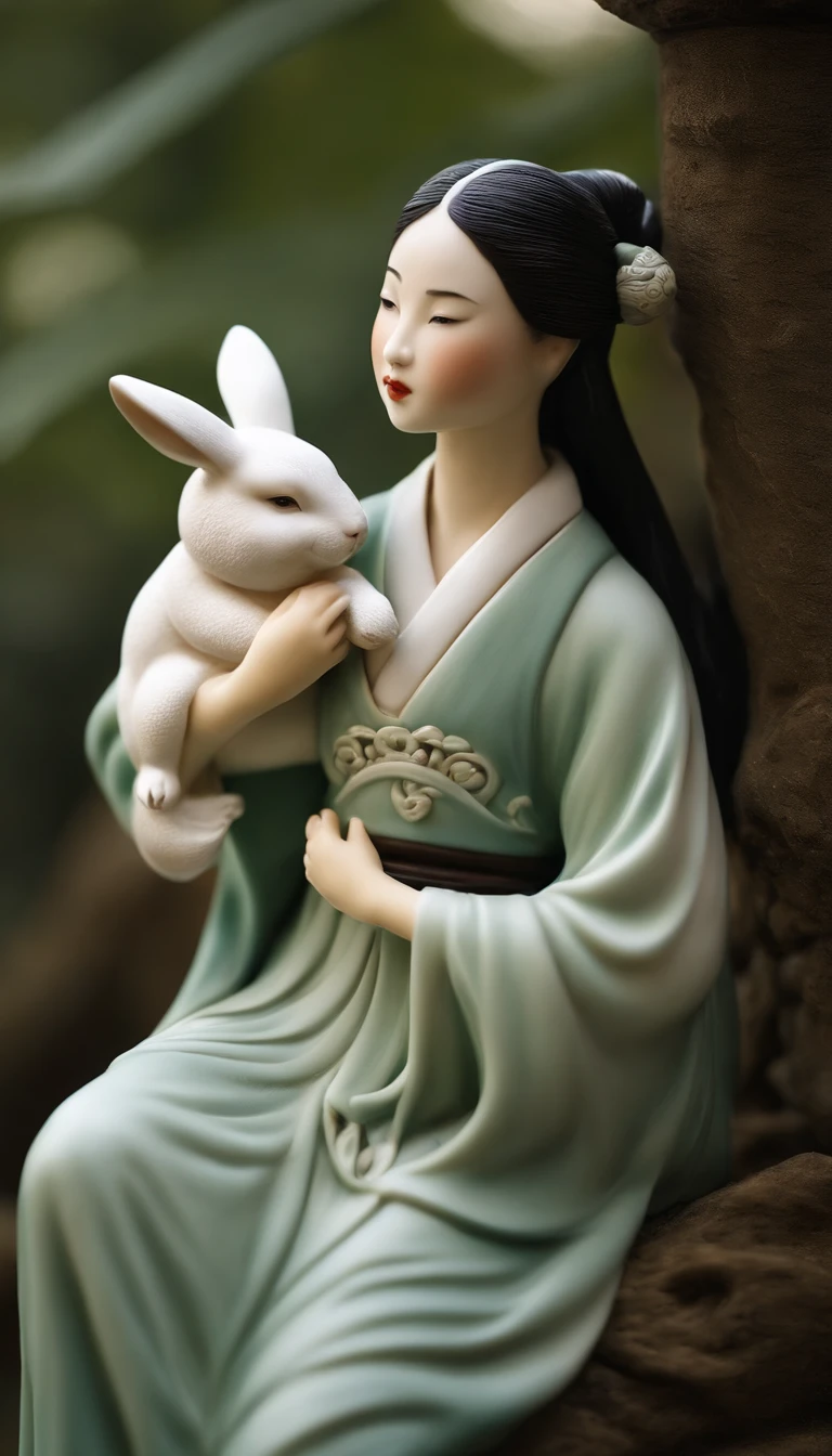 Sculpture of celadon textured girl in Hanfu，Holding a rabbit in his arms，Smooth and shiny porcelain skin for girls，chinaware，moon full、Clouds、the night、rays of moonlight、As estrelas，
Ancient Chinese porcelain style relief，cinematric light，Three-dimensional feeling，3D，Blank background